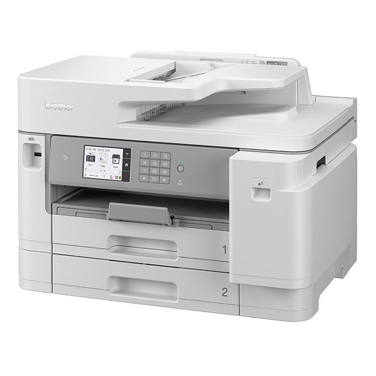 Biała drukarka z ekranem, ponumerowanymi przyciskami i podajnikami papieru.