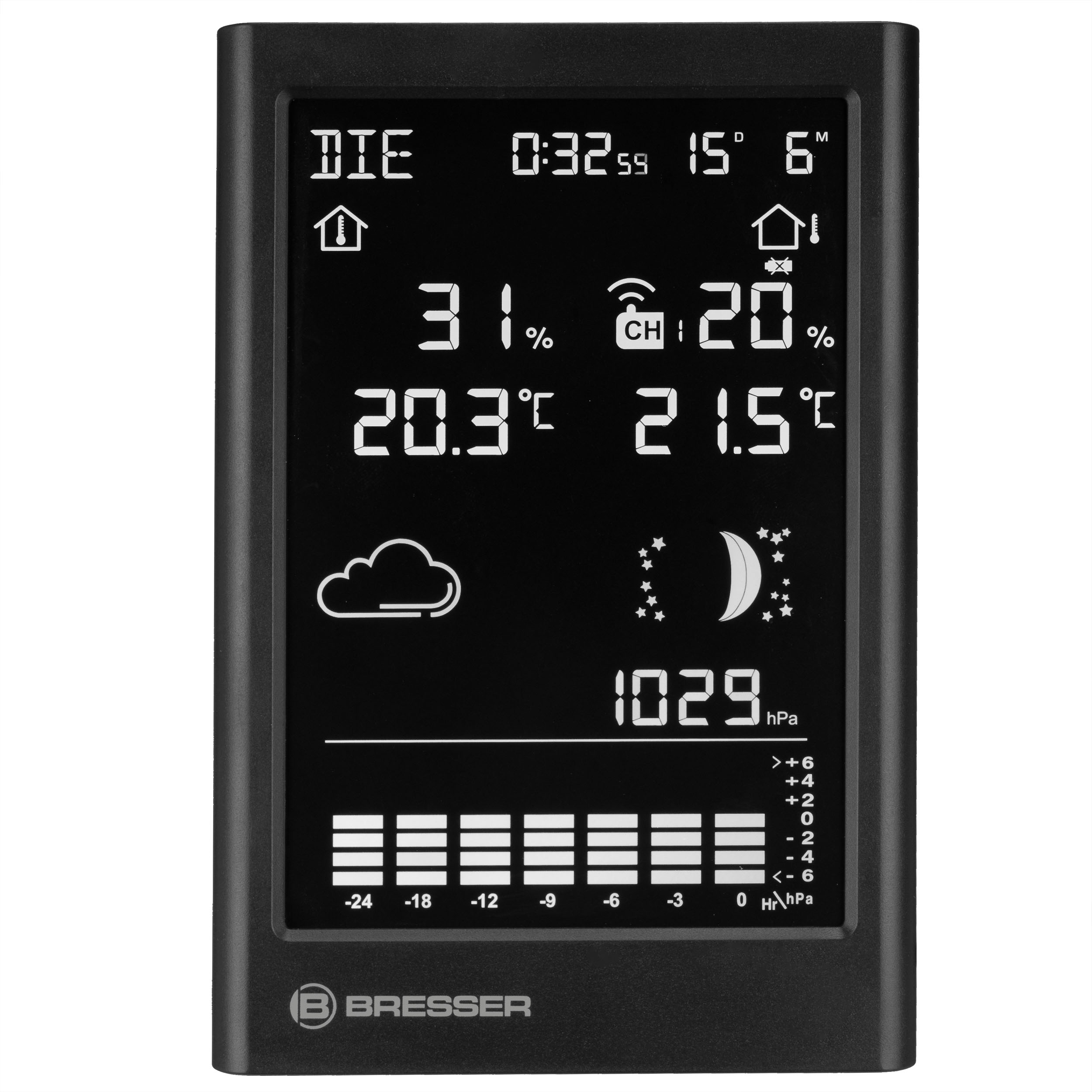 Pantalla de estación meteorológica negra. Muestra hora, temperatura e iconos del tiempo. Fondo blanco.
