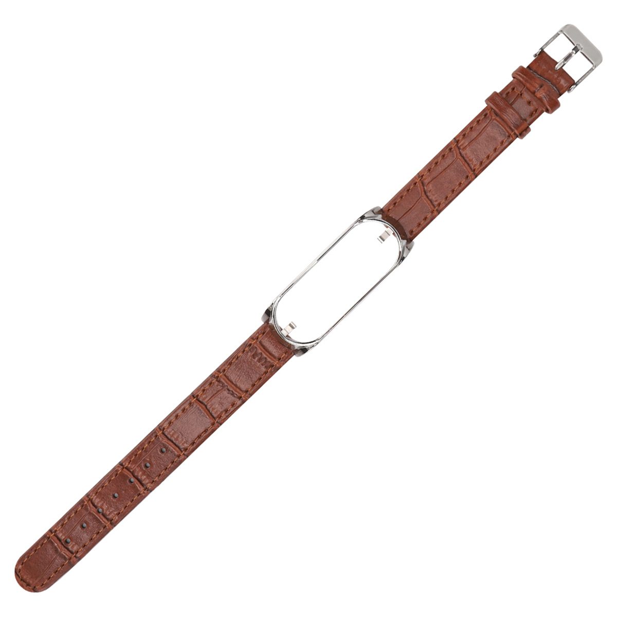 Braunes Leder-Uhrenarmband mit rechteckigem Metallstück befestigt.