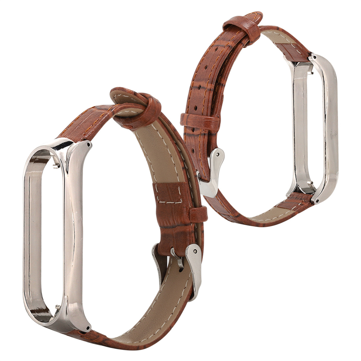 Zwei braune Leder-Uhrenarmbänder mit Metallrahmen. Eines zeigt die Schnalle. Krokodil-Textur.