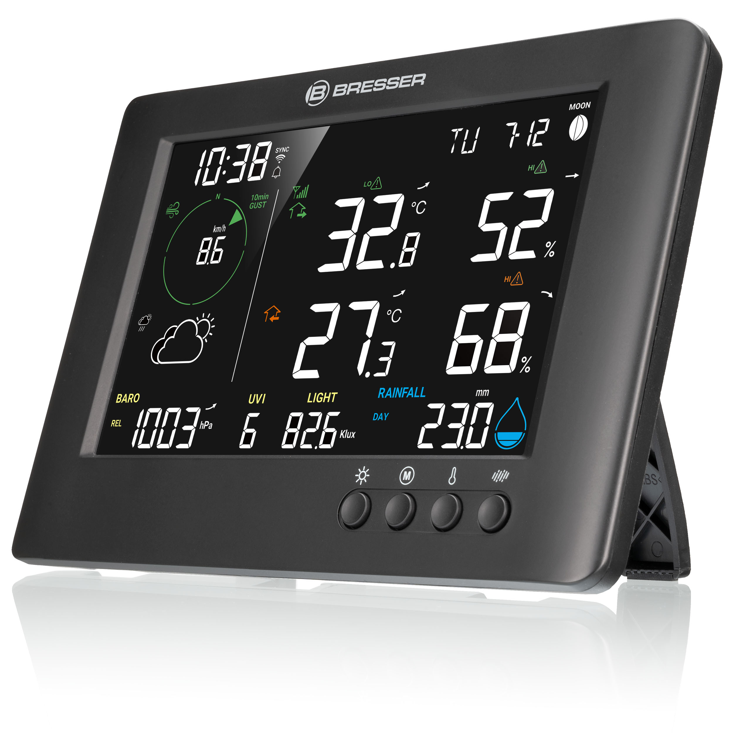Schwarze Bresser Wetterstation zeigt Temperatur, Luftfeuchtigkeit und andere Wetterdaten an.