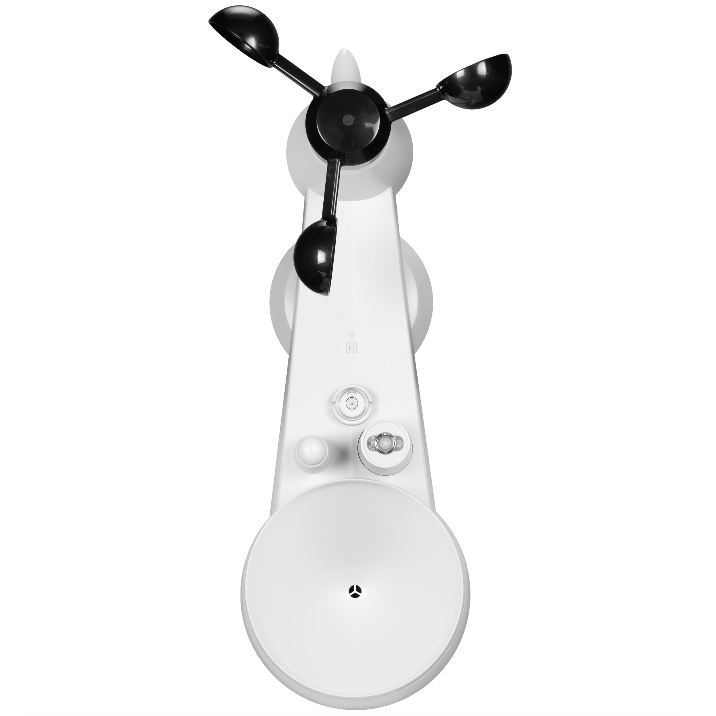 Draufsicht auf einen weißen Anemometer mit drei schwarzen Flügeln.