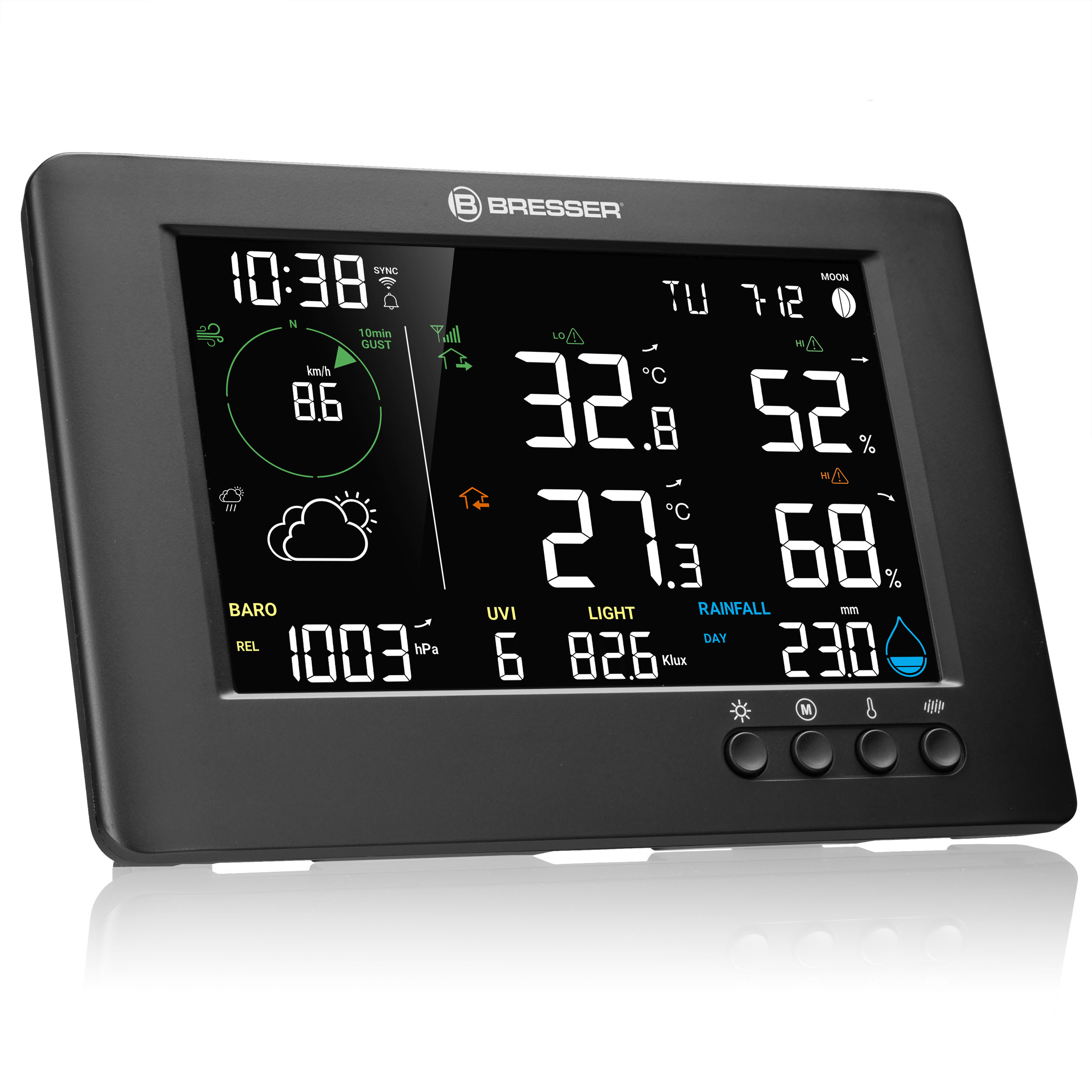 Eine schwarze Wetterstation mit einem Display, das verschiedene Wetterdaten und die Uhrzeit anzeigt.
