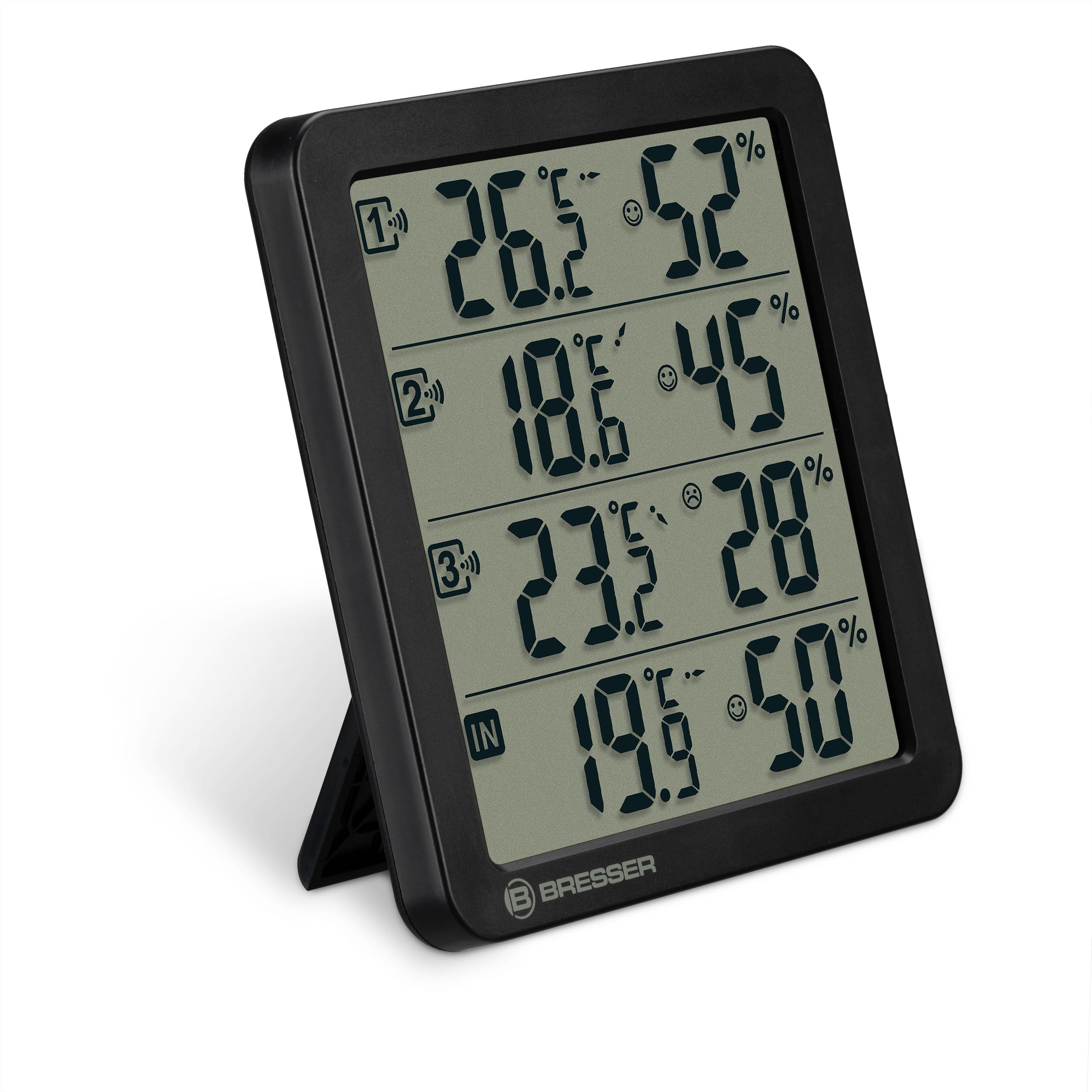 Schwarzes digitales Thermometer mit drei Messwerten und Uhrzeit. Zahlen in Schwarz auf grauem Bildschirm.
