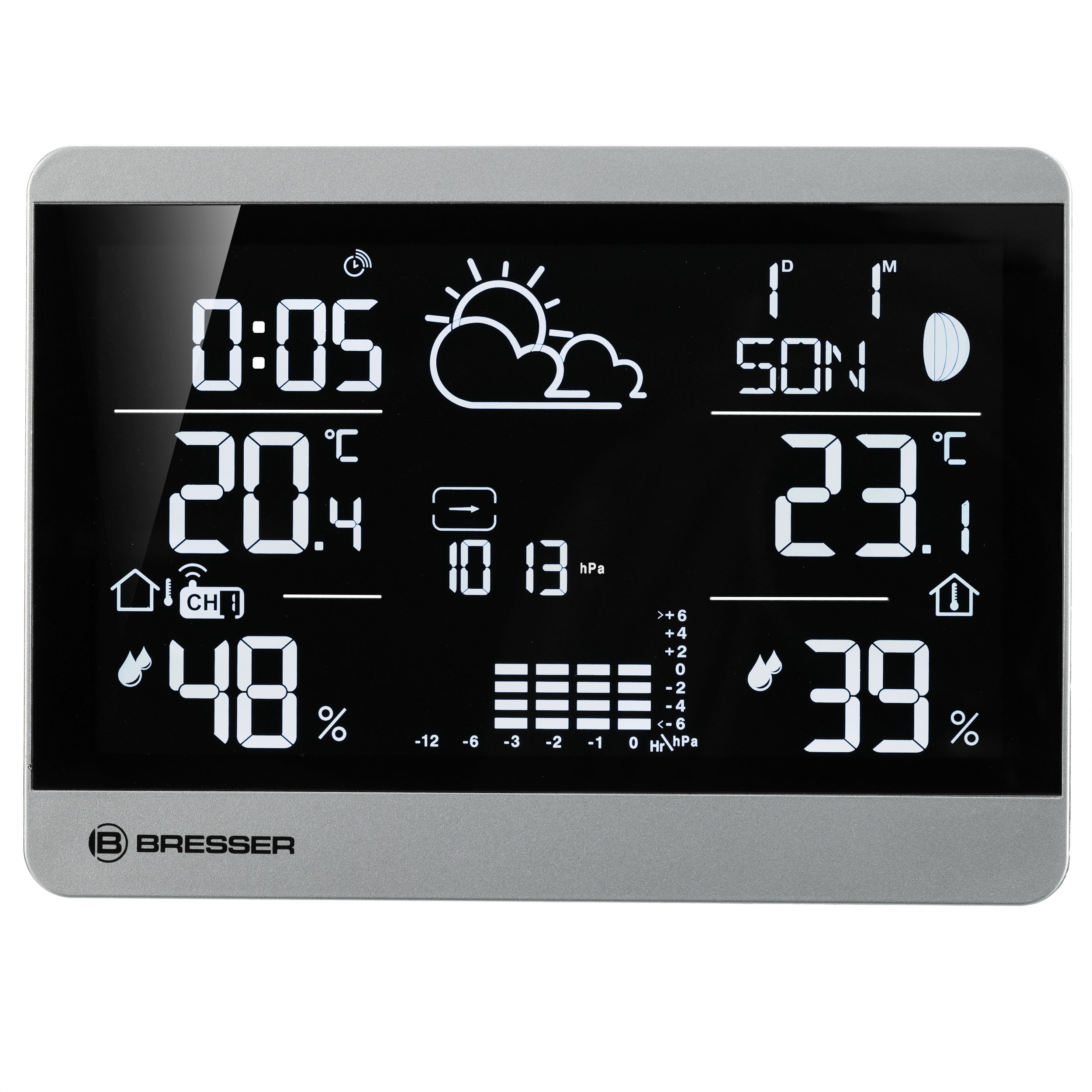 Pantalla de estación meteorológica digital que muestra la hora, la fecha, la temperatura y la humedad, con logo Bresser.