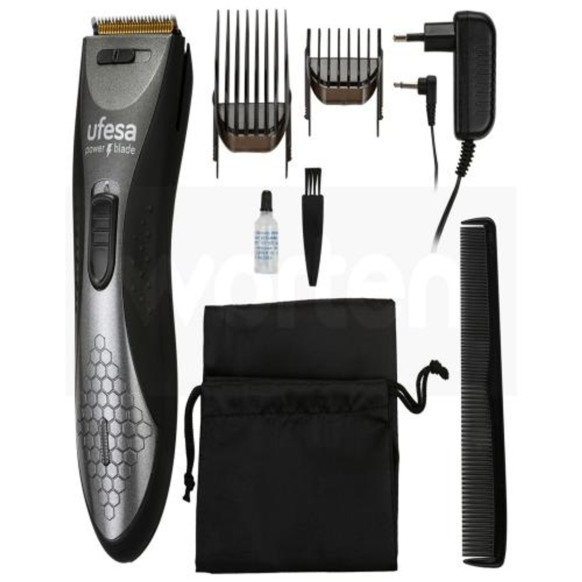 Kit de aseo con cortapelos, protectores, aceite, cepillo, peine, cargador y bolsa.
