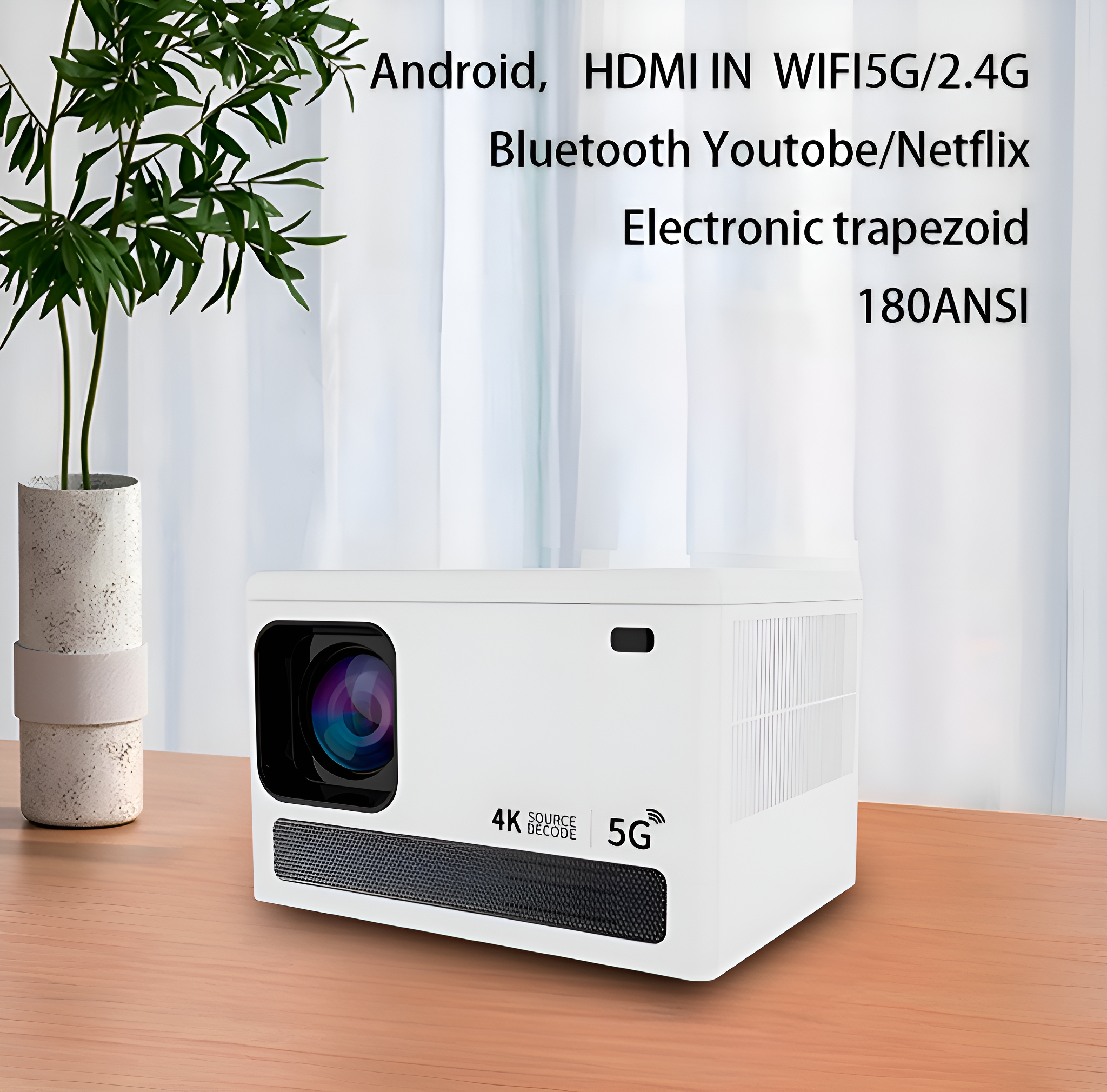 Weißer Projektor auf Holztisch. Funktionen: Android, WiFi, HDMI, 5G.