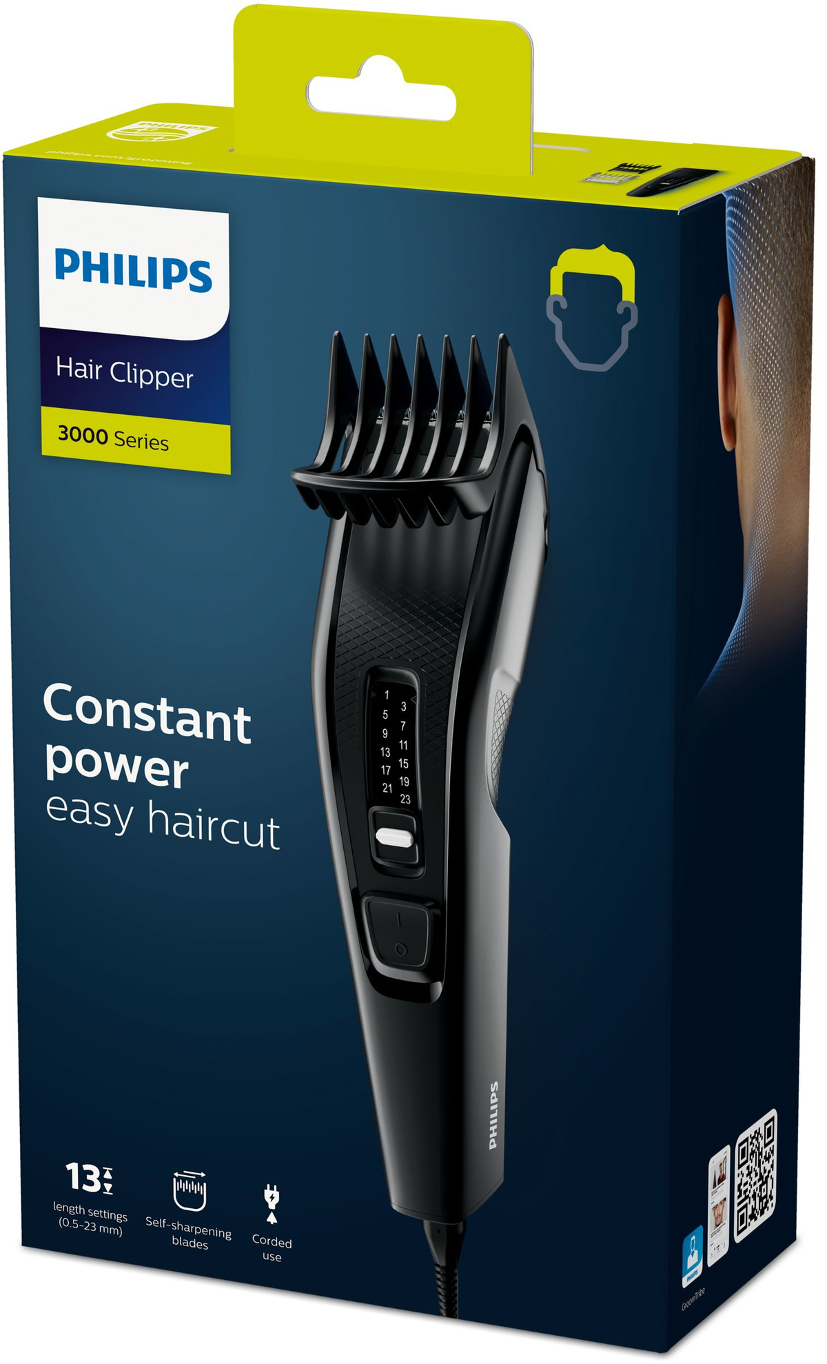 Philips Haarschneider in der Box. Schwarzer Trimmer und Box mit Text und Bildern.