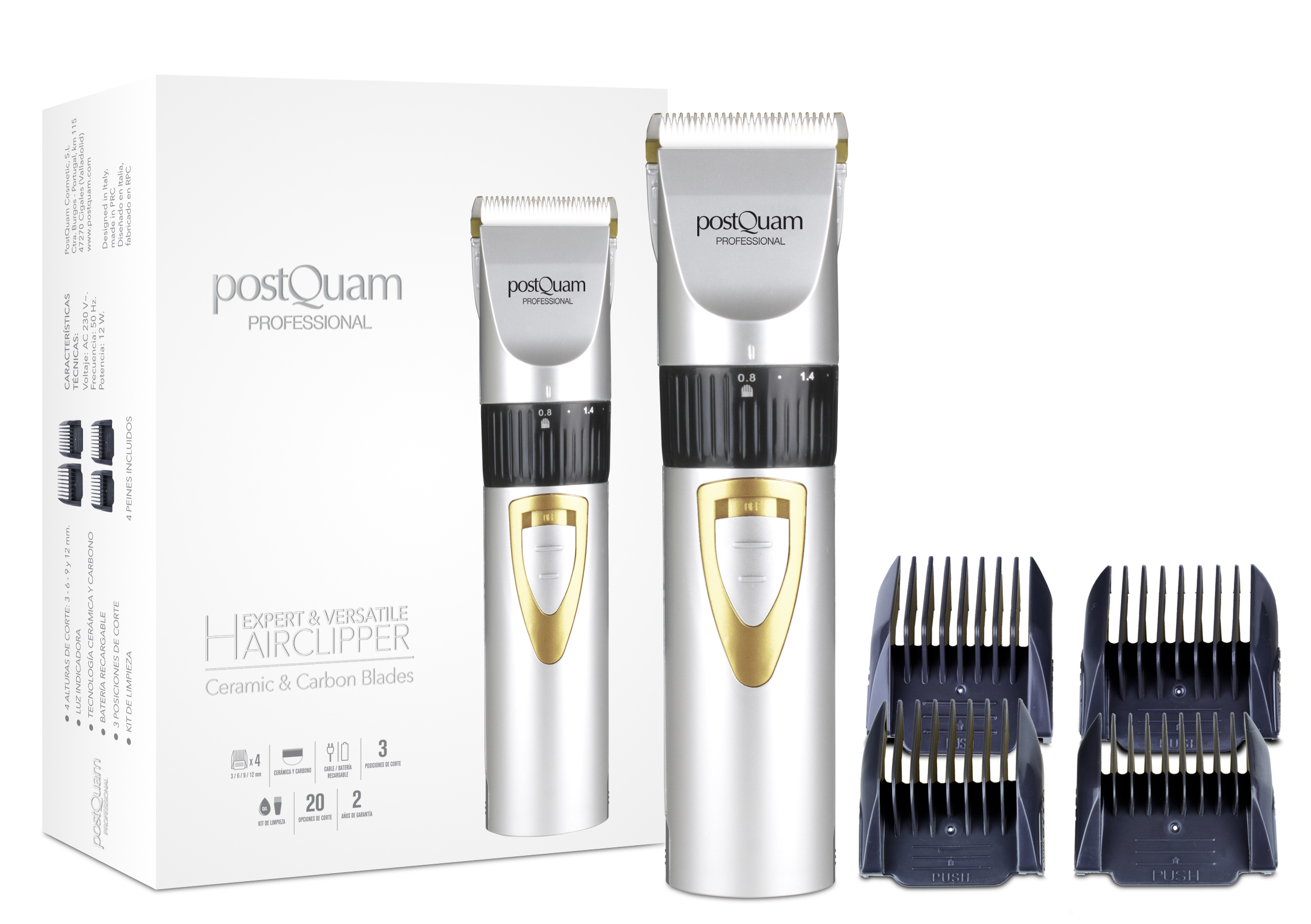 Dwie maszynki do włosów i pudełko. Jedna jest większa od drugiej. Widocznych jest również kilka grzebieni.