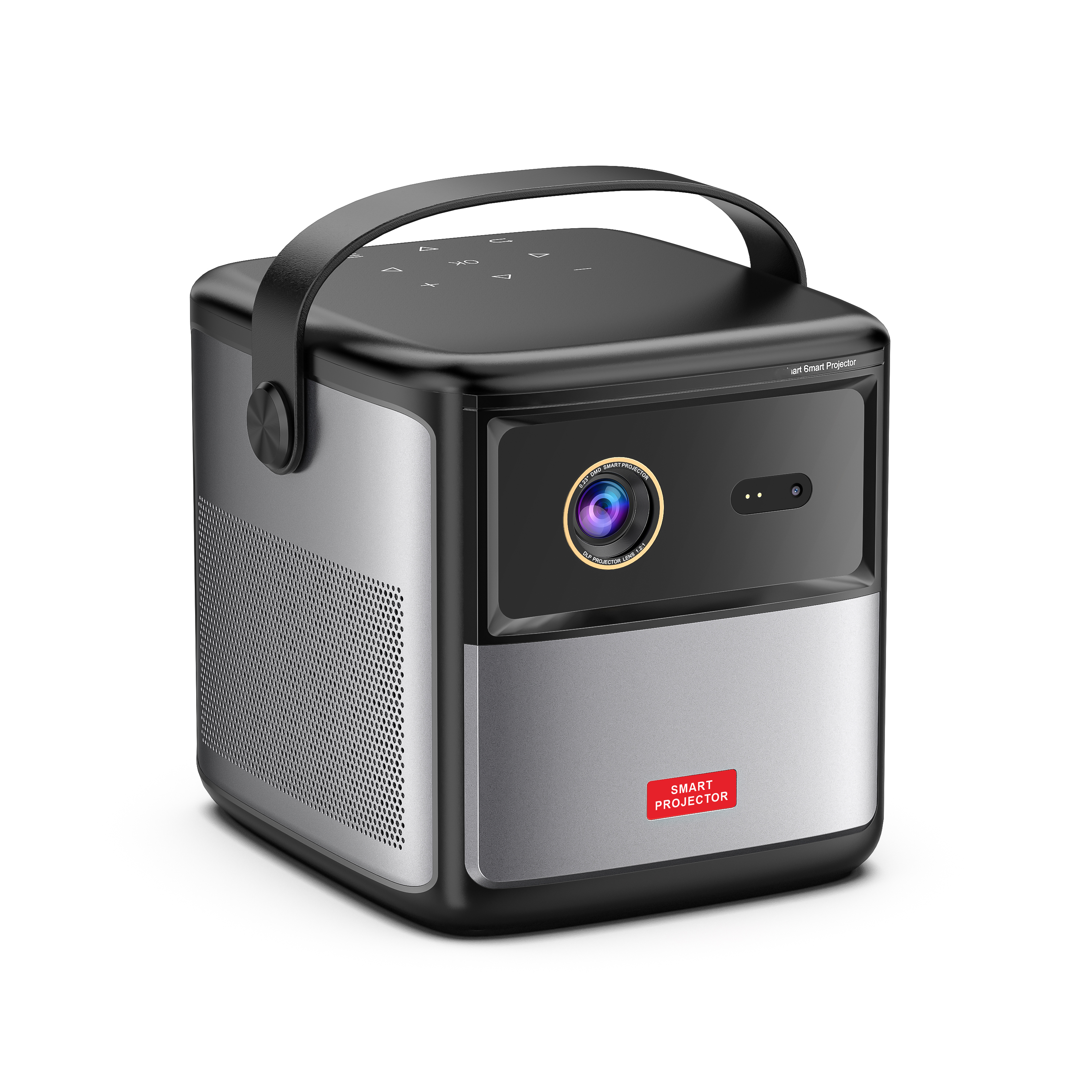 Ein schwarzer und silberner Projektor mit Griff, Objektiv und dem Wort 'Smart Projector'.