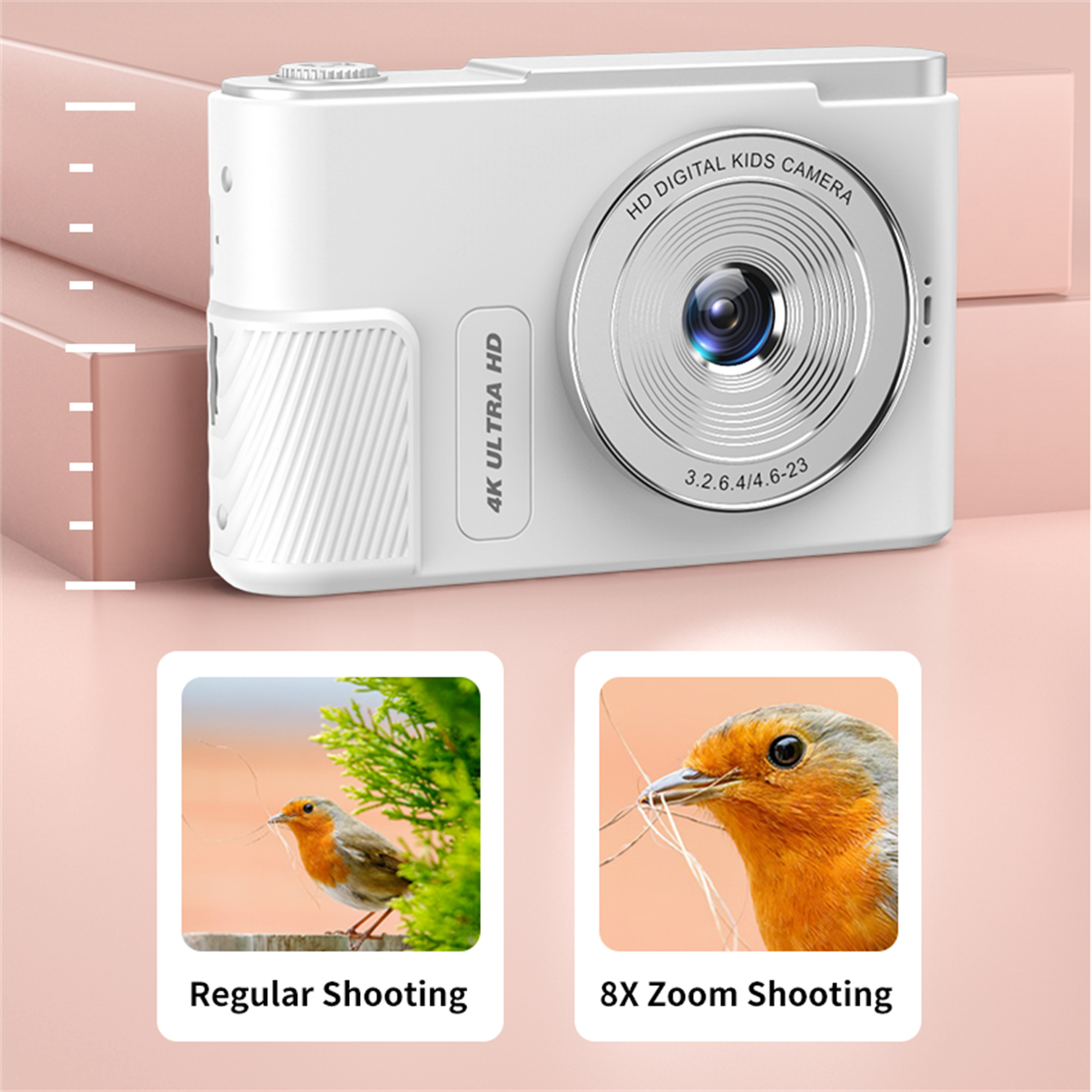 Weiße digitale Kinderkamera mit zwei Beispielfotos: normale und 8-fache Zoomaufnahme eines Vogels.