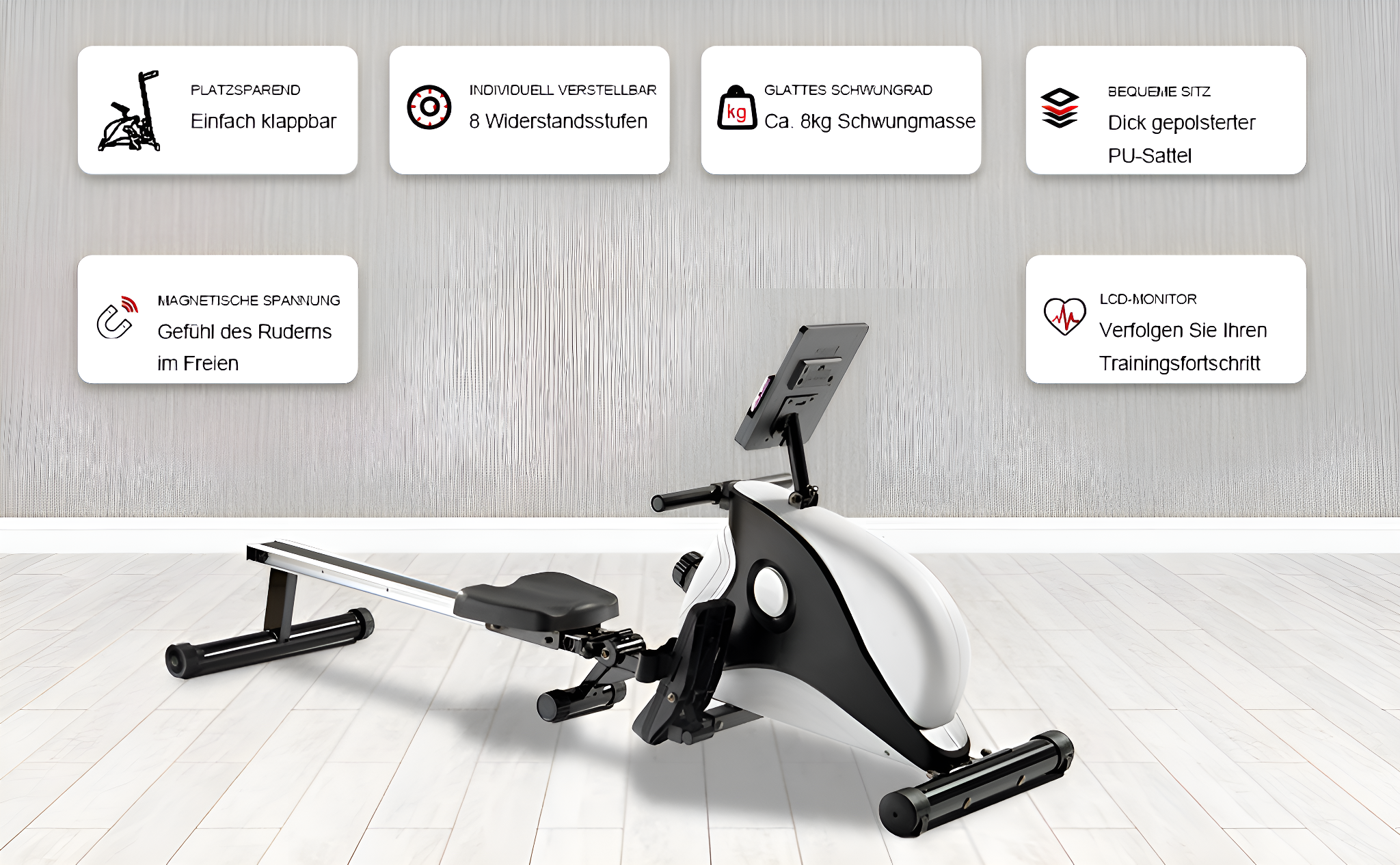 Hometrainer mit Textbeschriftungen, die Funktionen und Vorteile detailliert beschreiben.
