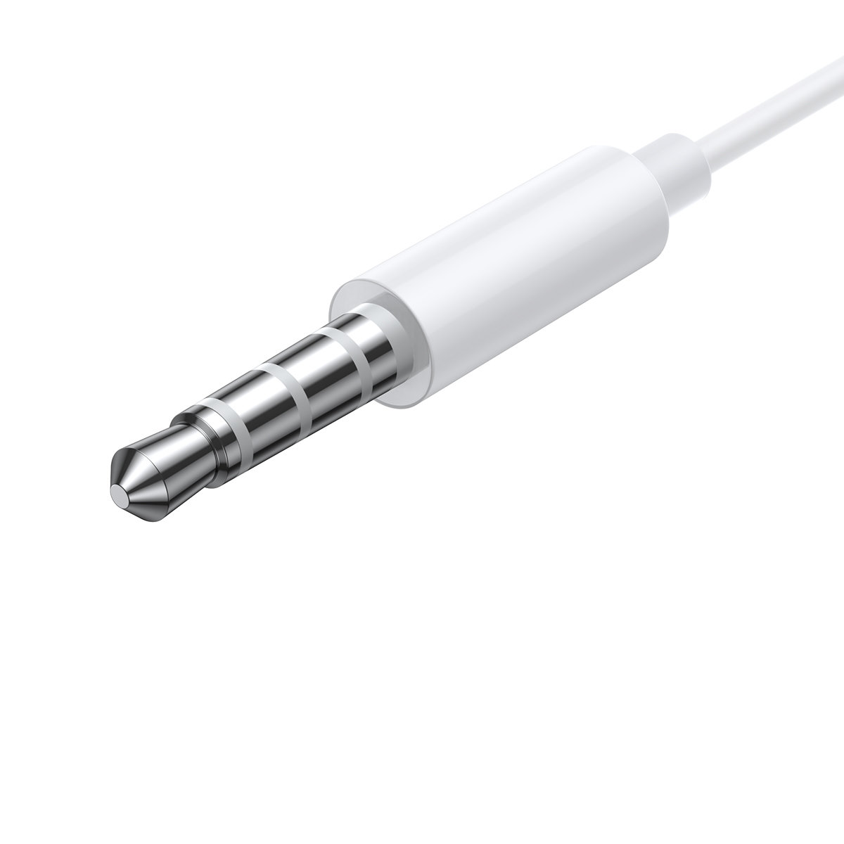 Weißer Audio-Klinkenstecker. Nahaufnahme. Silberne Spitze. Weißes Kabel.