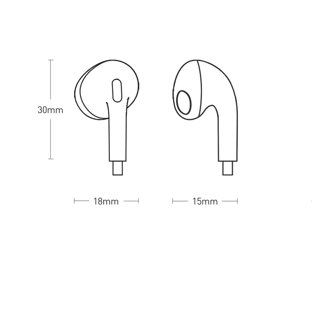 Zwei Kopfhörer-Umrisse mit Abmessungen: 30 mm Länge, 18 mm Breite, 15 mm Breite.