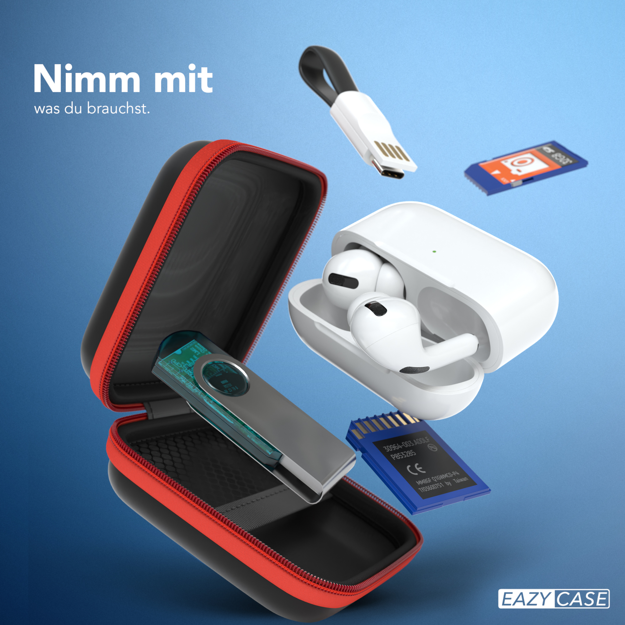 Eine schwarz-rote Hülle mit Artikeln wie Ohrhörern, USB-Adapter und Speicherkarten auf blauem Hintergrund.