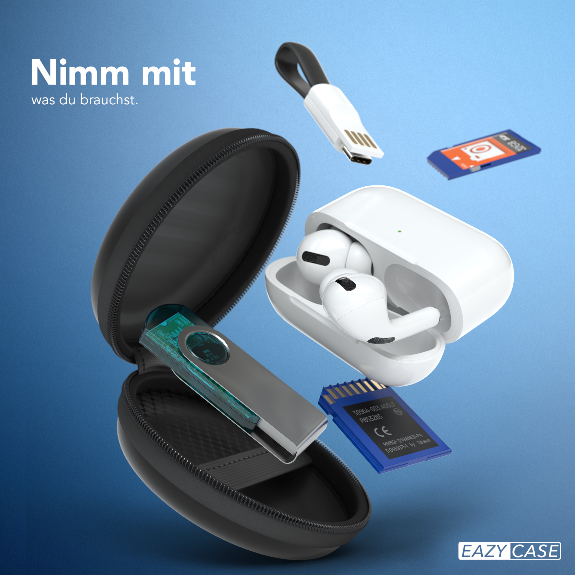 Eazy Case Produkte: ein Etui, Ohrhörer, ein USB-Laufwerk und eine SD-Karte.
