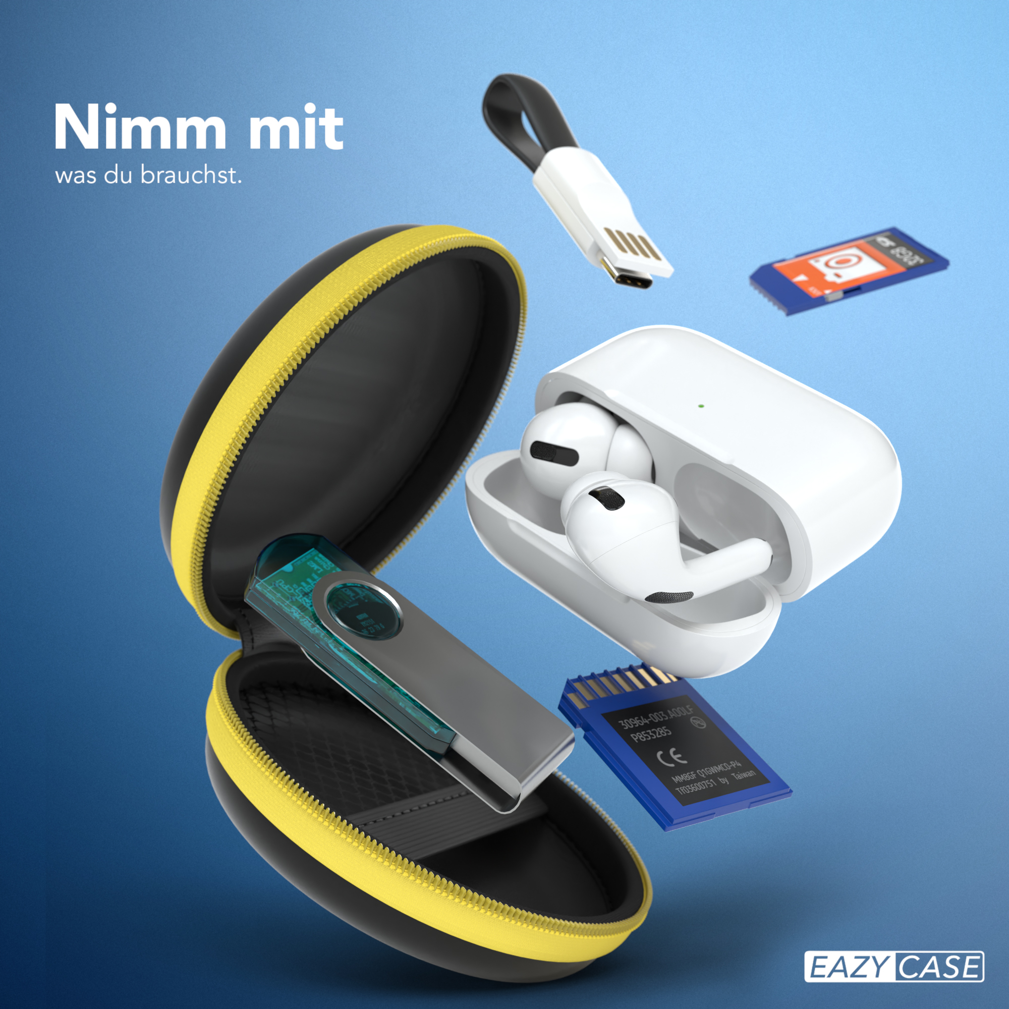 Schwarz-gelbes Etui, mit weißem AirPod-Etui und USB-Stick. Zwei SD-Karten sind ebenfalls sichtbar.