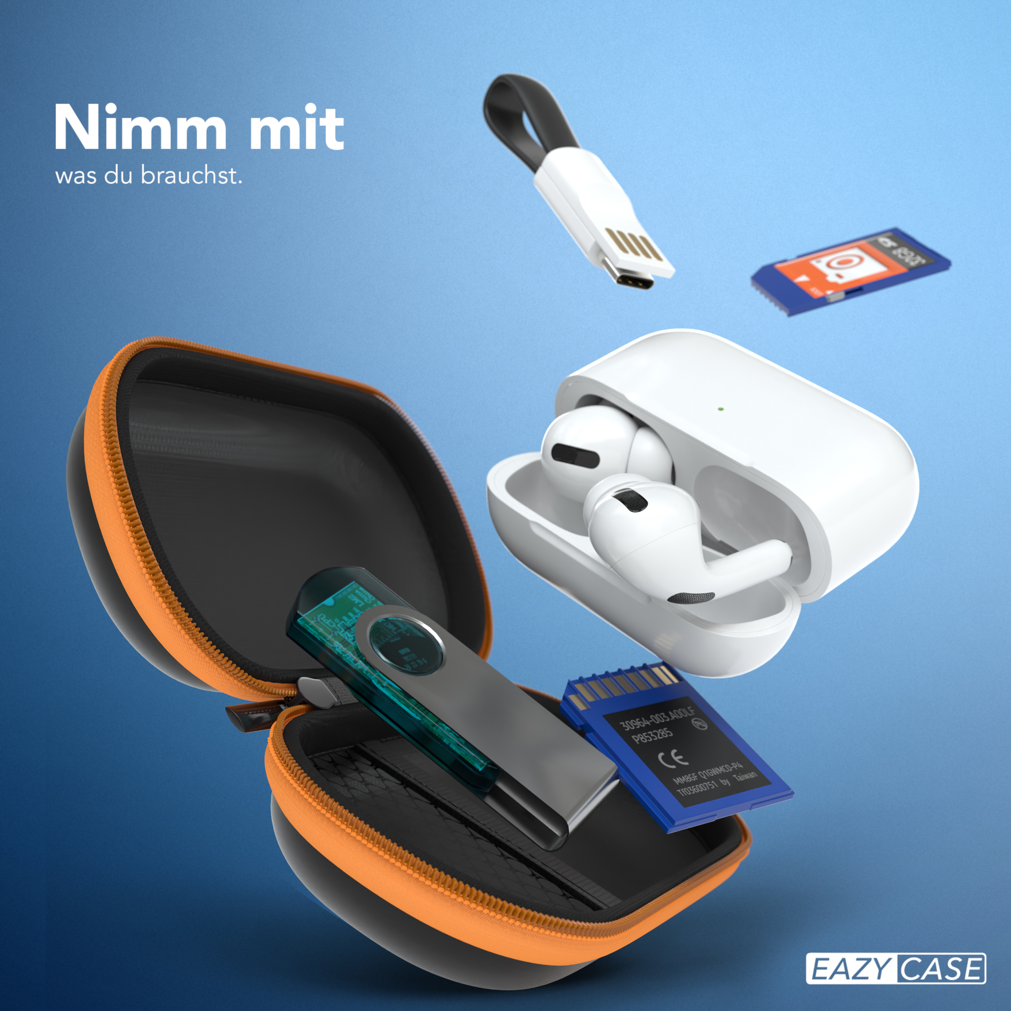Mehrere elektronische Zubehörteile: Ohrhörer, USB-Stick, Speicherkarte und Ladeetui.