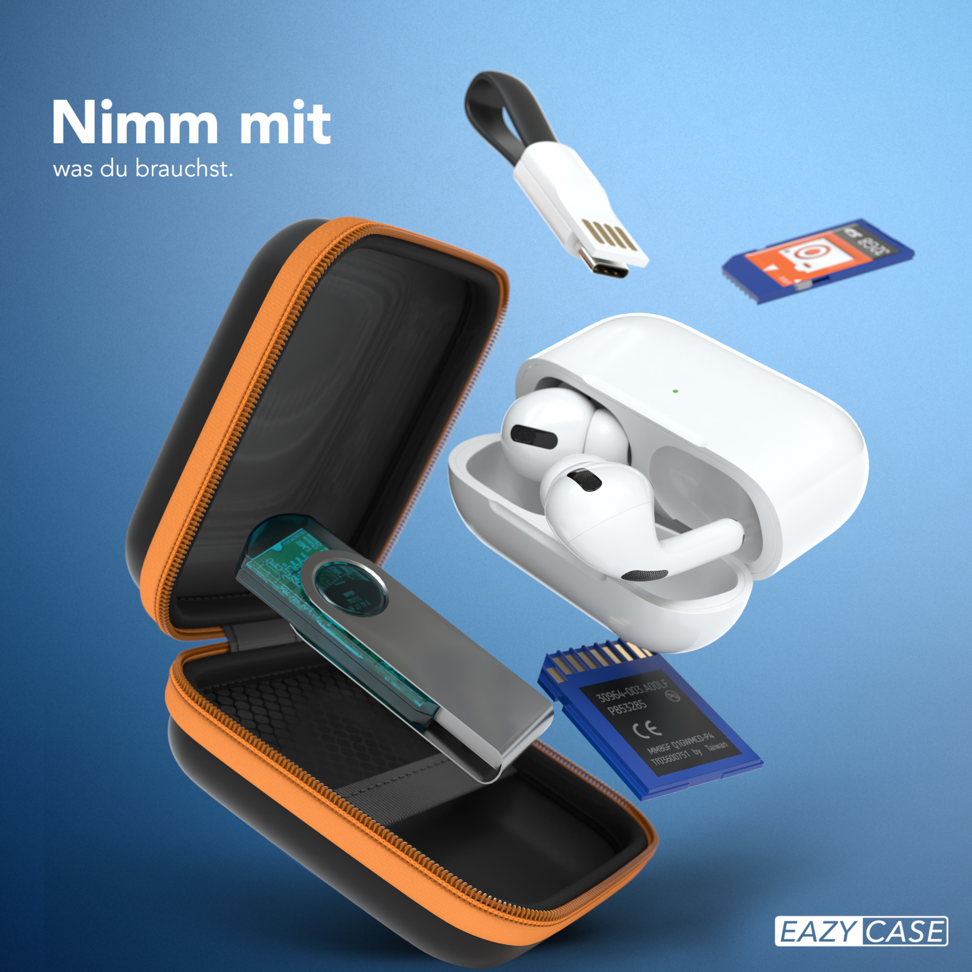Geöffnete Tasche mit verschiedenen Tech-Zubehörteilen: USB-Stick, Ohrhörer, SD-Karte.
