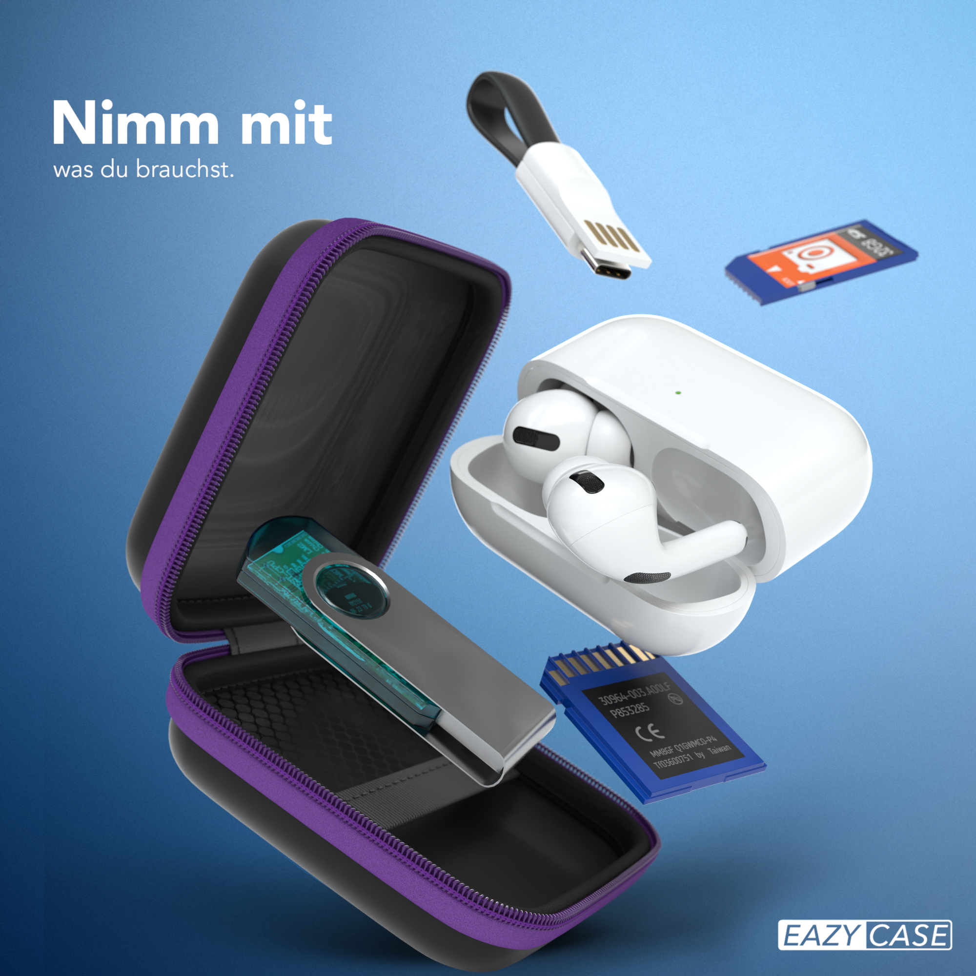 Ein blauer Hintergrund mit schwarzem Etui, Ohrhörern, USB-Stick und Speicherkarten. Text: "Nimm mit..."