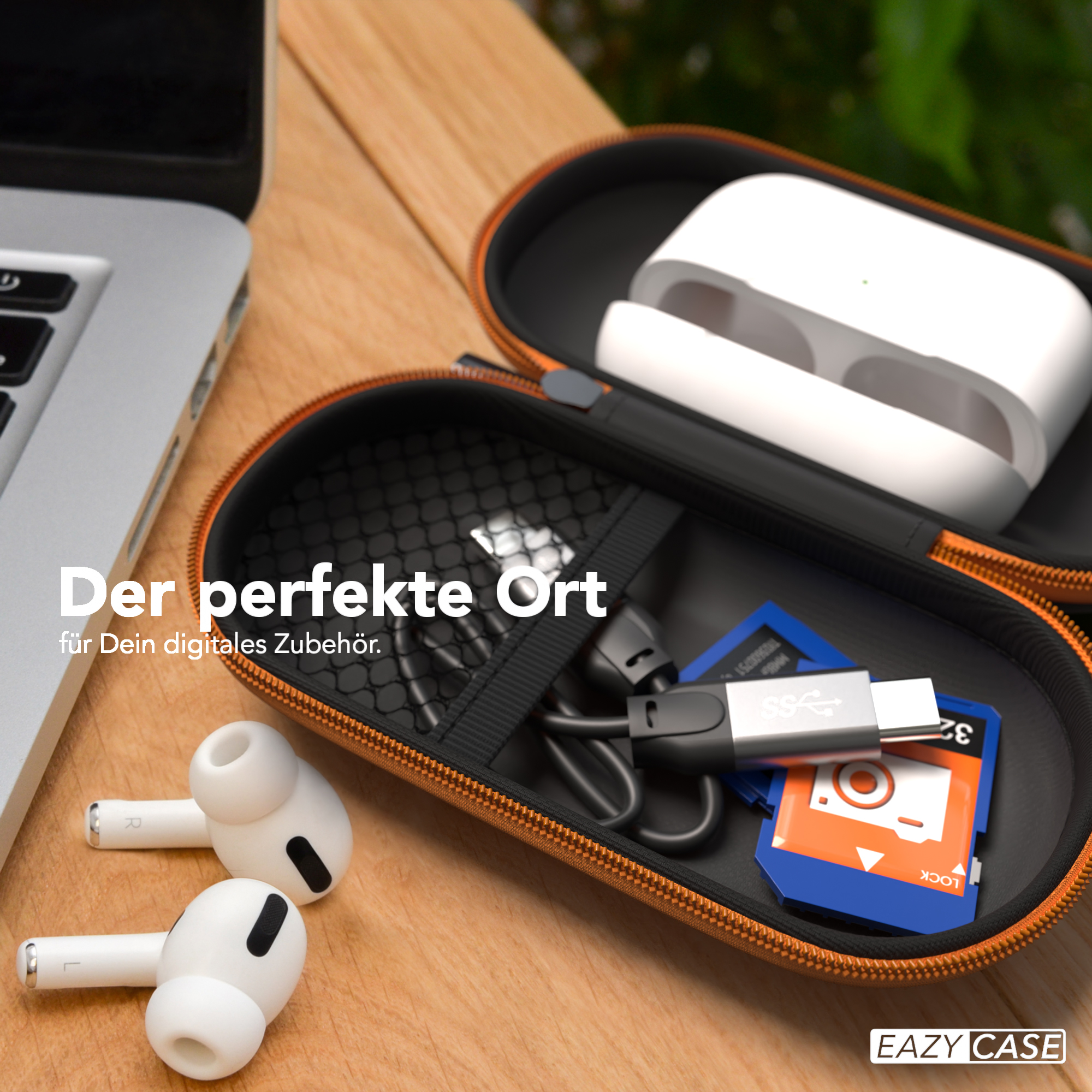Kopfhörer-Etui mit Ohrhörern, Kabel und Speicherkarte. Text auf Deutsch. Alles auf Holzoberfläche.