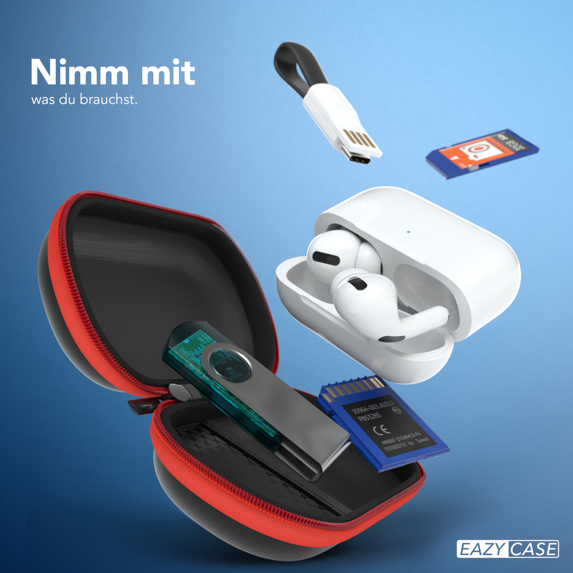 Kleine Tragetasche mit diversen Tech-Zubehör: Ohrhörer, USB und SD-Karte.