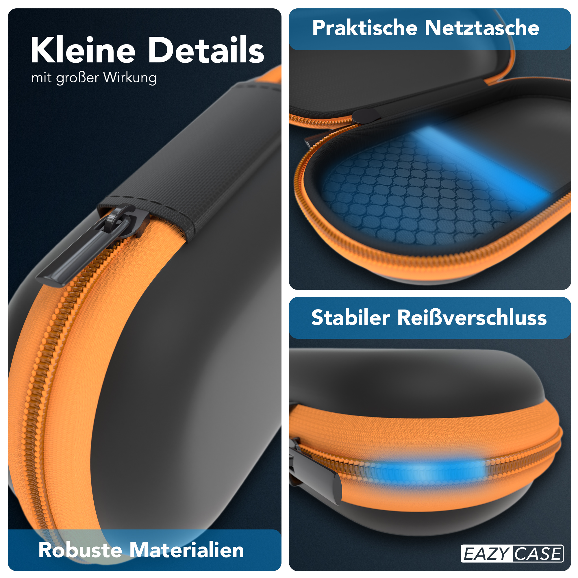 Nahaufnahme eines schwarzen und orangefarbenen Etuis mit Reißverschluss und Inhalt.