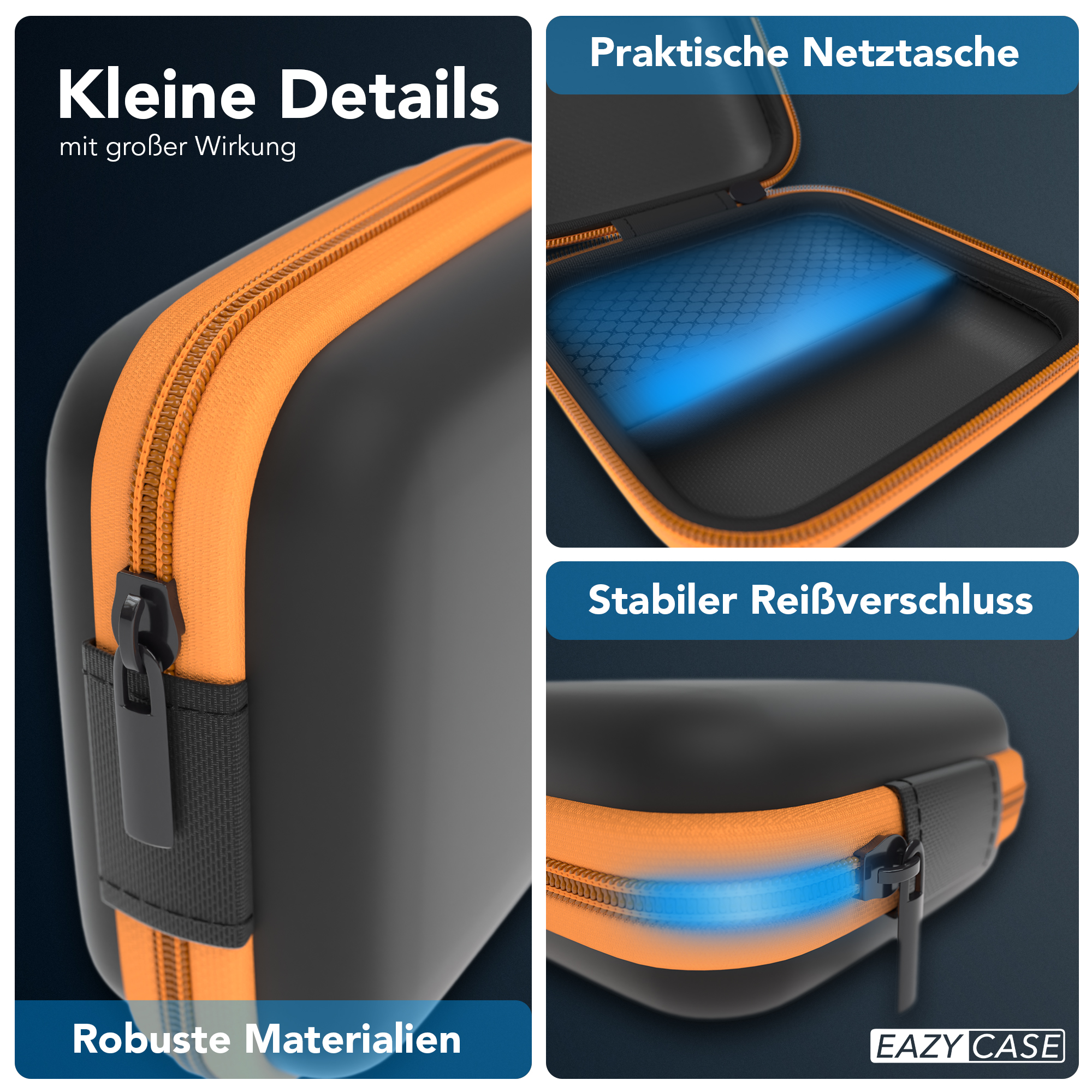 Schwarze und orangefarbene Hartschale mit Details: Reißverschluss, Netztasche und robuste Materialien. Text und Nahaufnahmen.