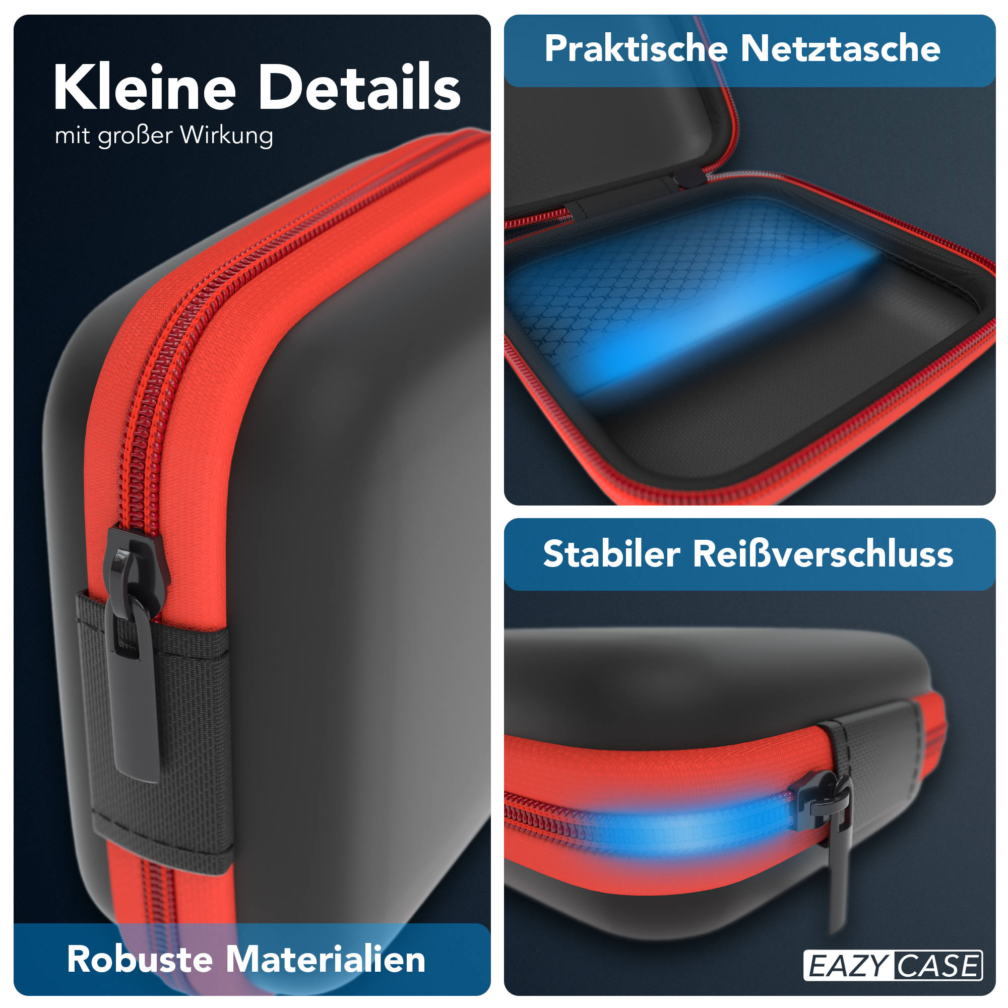 Schwarzes Etui mit rotem Reißverschluss und Details, mit Nahaufnahmen von Reißverschluss und Innenraum.