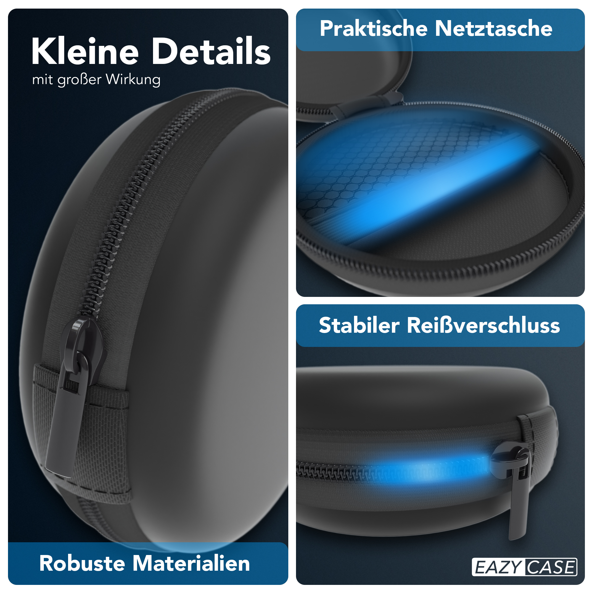 Schwarzes Kopfhörer-Etui mit Details: robuste Materialien, eine praktische Netztasche und ein stabiler Reißverschluss.