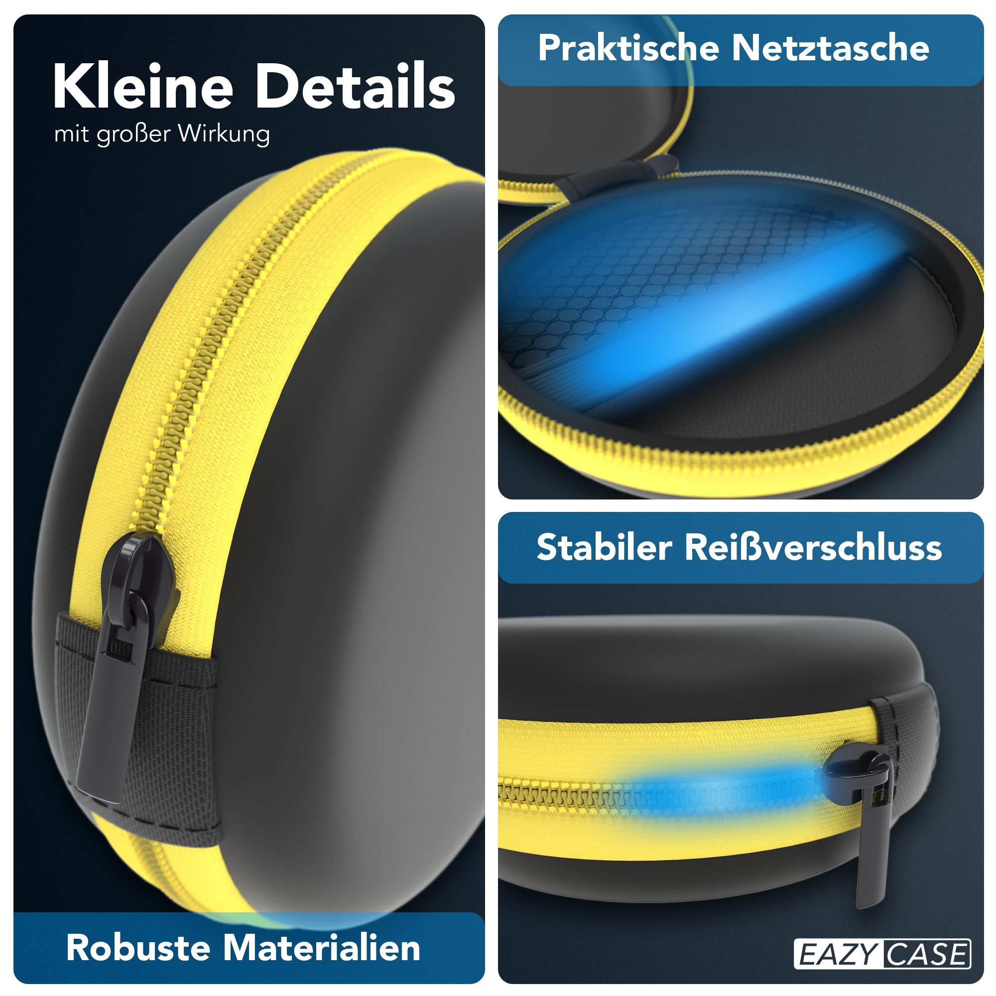 Ein schwarz-gelbes Etui mit gelbem Reißverschluss, robusten Materialien und einer praktischen Netztasche.