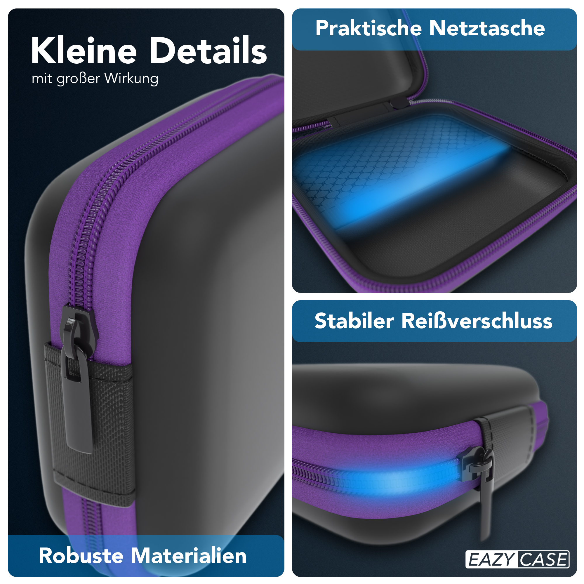 Eine schwarze Hülle mit lila Reißverschlussdetails, mit Etiketten und blauen Lichtern.