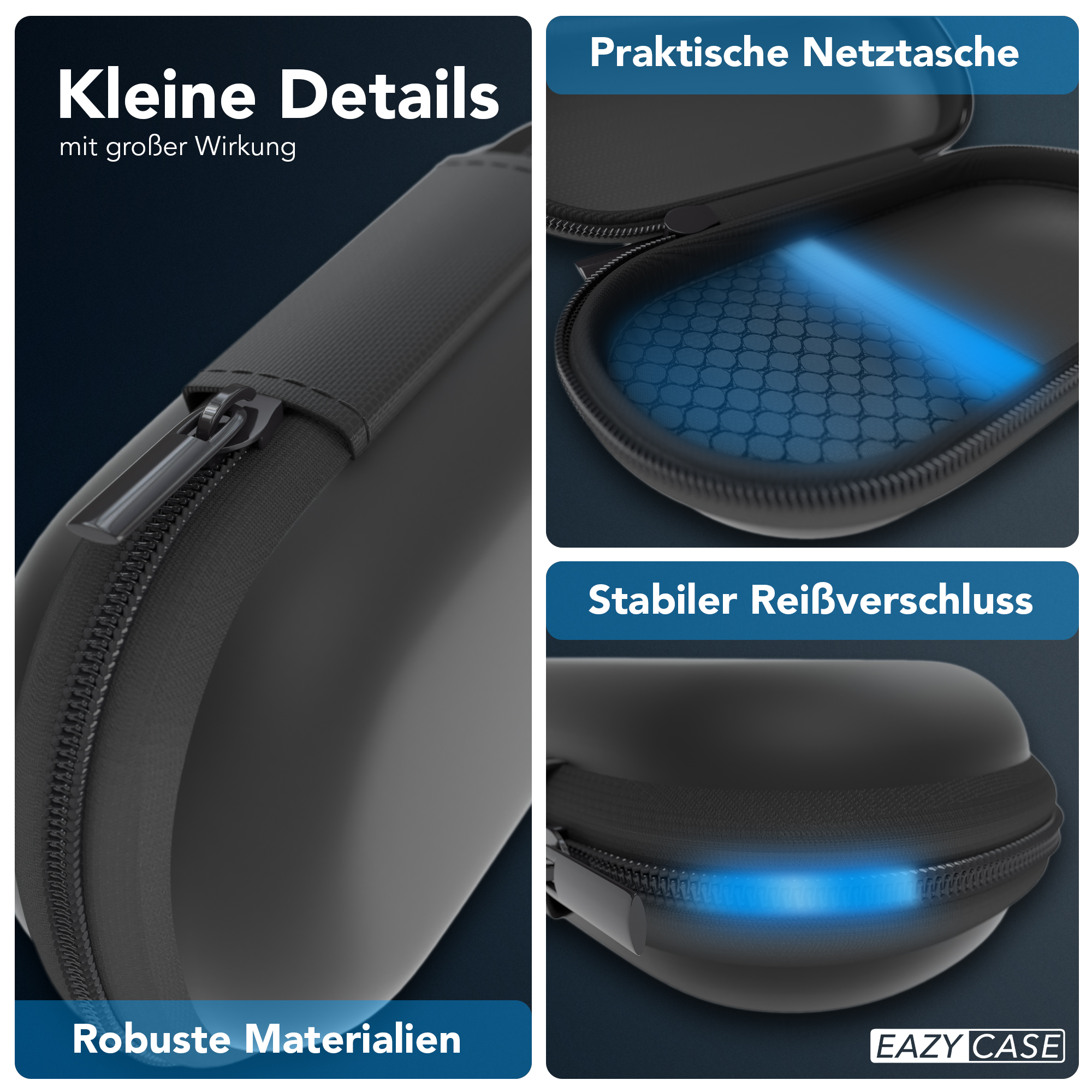 Schwarzes Etui mit mehreren Detailbildern, darunter Reißverschluss und Netztasche.