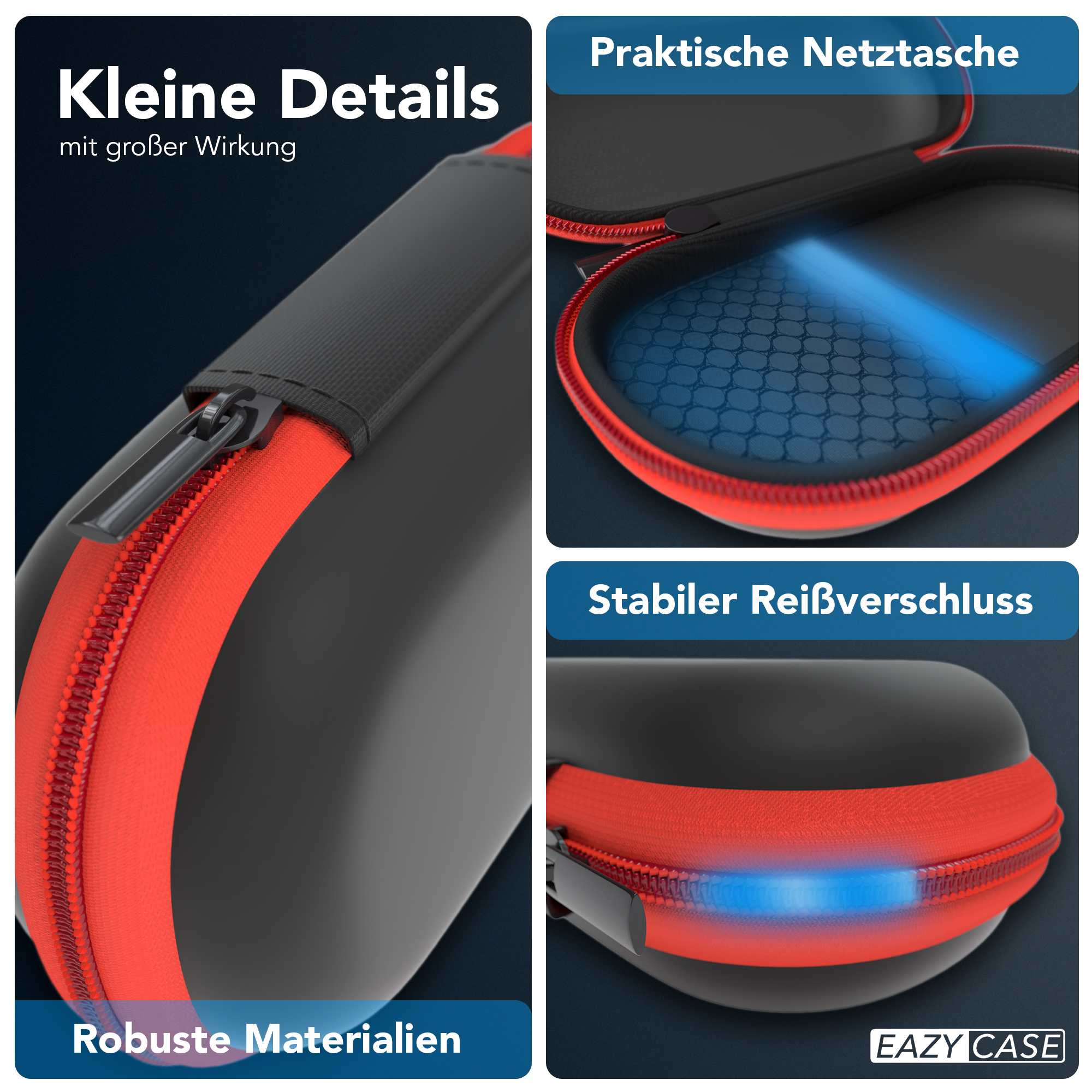 Nahaufnahme eines schwarzen Koffers mit rotem Reißverschluss. Weitere Panels zeigen Details.