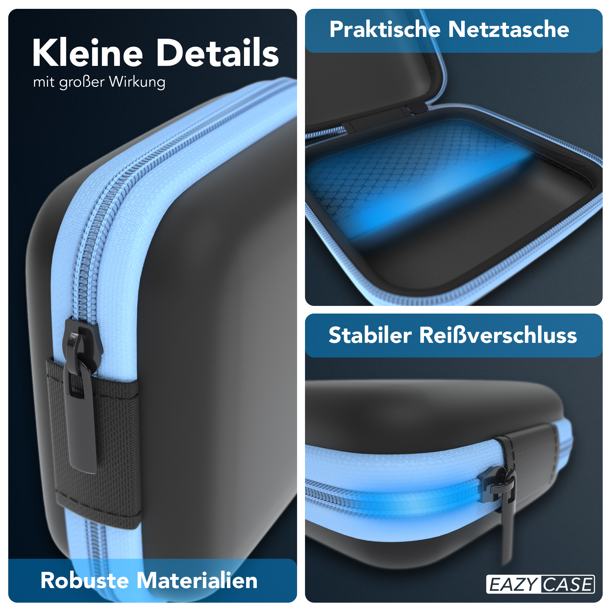 Schwarzes Etui mit blauem Reißverschluss, Details des Materials und Designs zeigend.