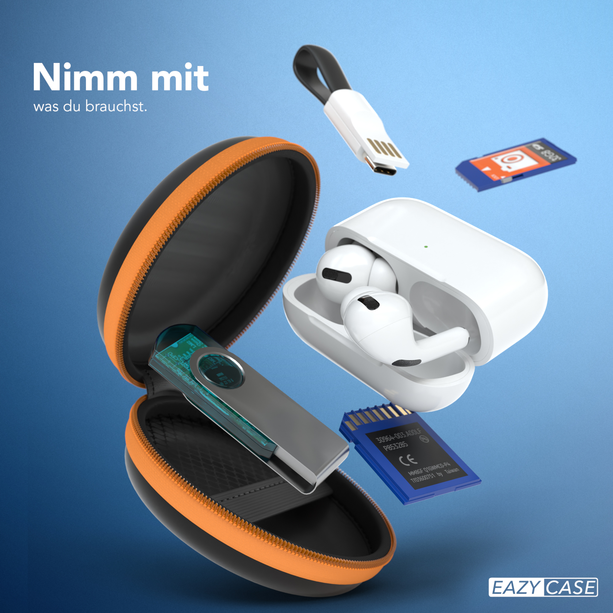Orangefarbene und schwarze Hülle mit Zubehör. Enthält einen USB-Stick, Ohrhörer und SD-Karten.