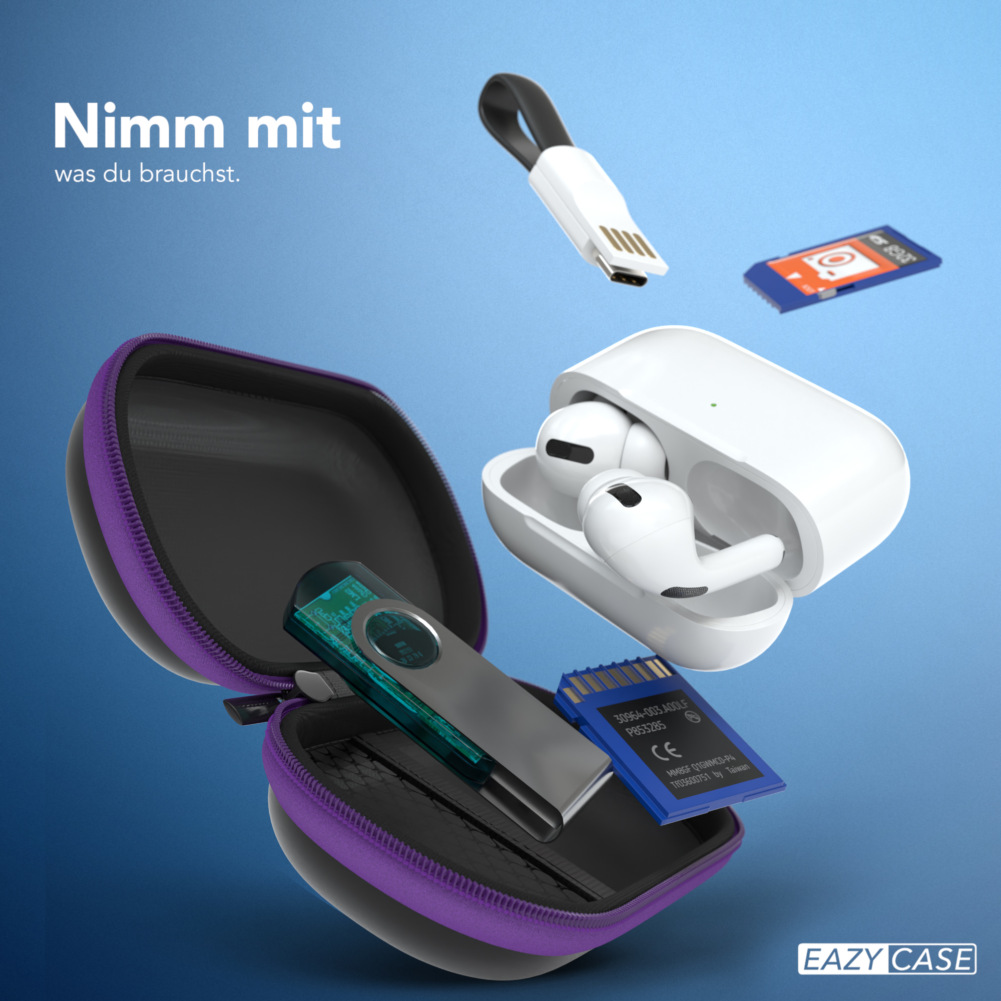 Geöffnete Hülle mit AirPods, USB-Stick, SD-Karte und anderen Gegenständen auf blauem Grund.