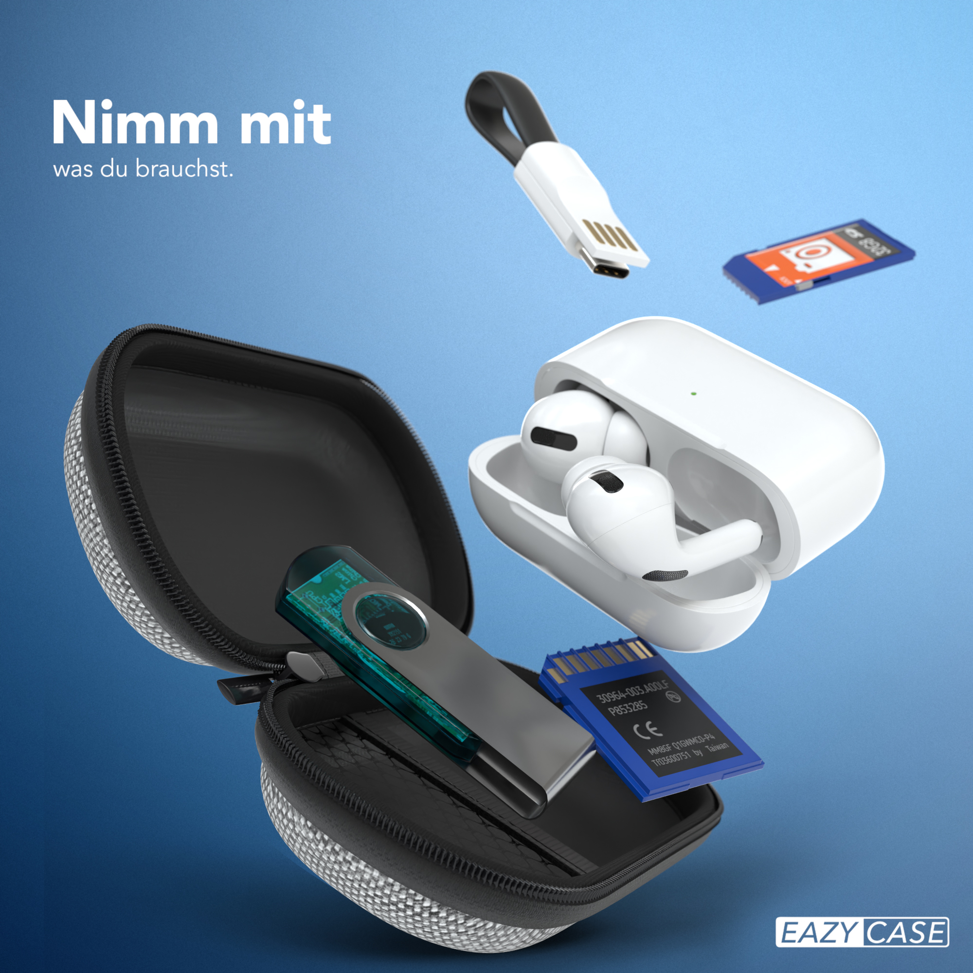 Verschiedenes Tech-Zubehör: USB-Stick, SD-Karte, AirPods und ein Ladekabel, alles auf blauem Hintergrund.