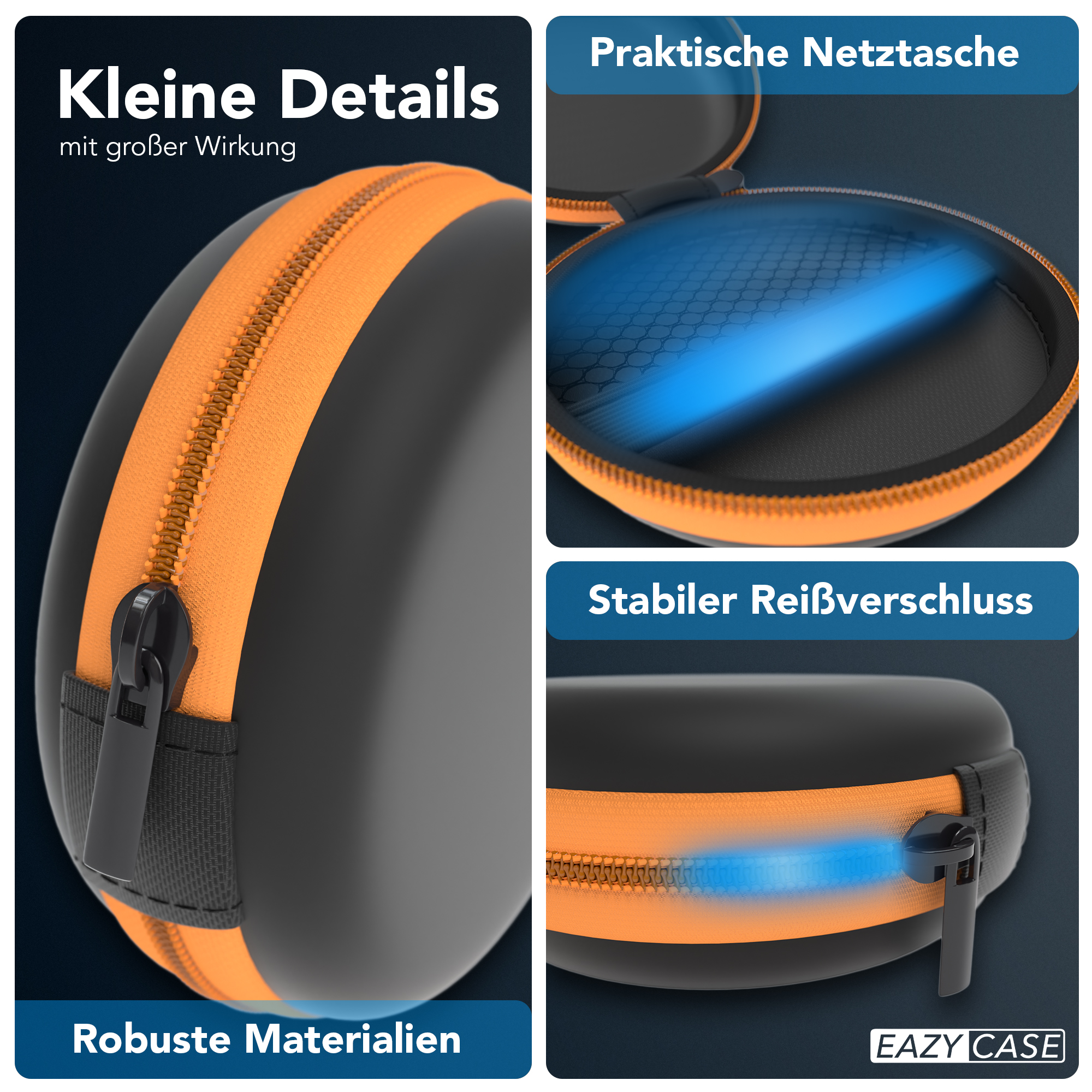 Schwarzes und oranges Kopfhörer-Etui mit Reißverschluss. Text und Designelemente.