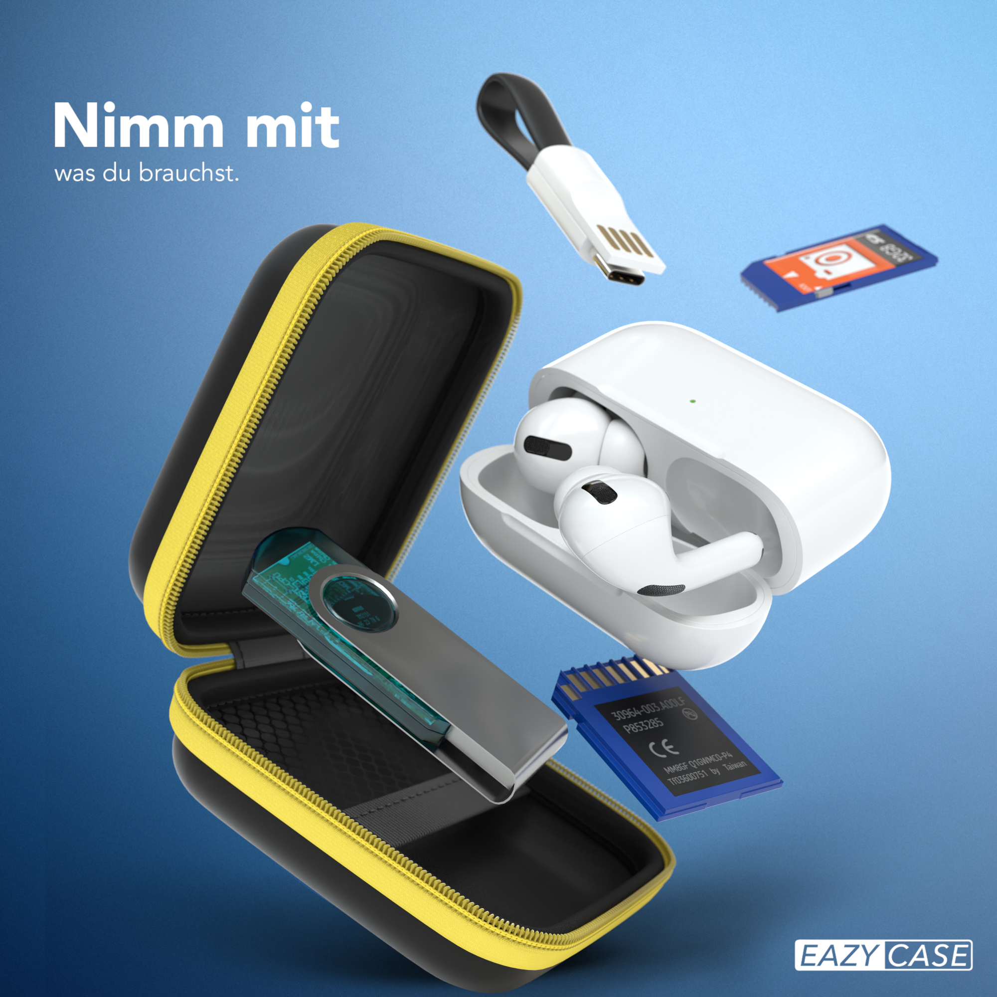 Eine schwarz-gelbe Reißverschlusstasche mit Zubehör: Ohrhörer, SD-Karte und USB-Stick. Blauer Hintergrund.