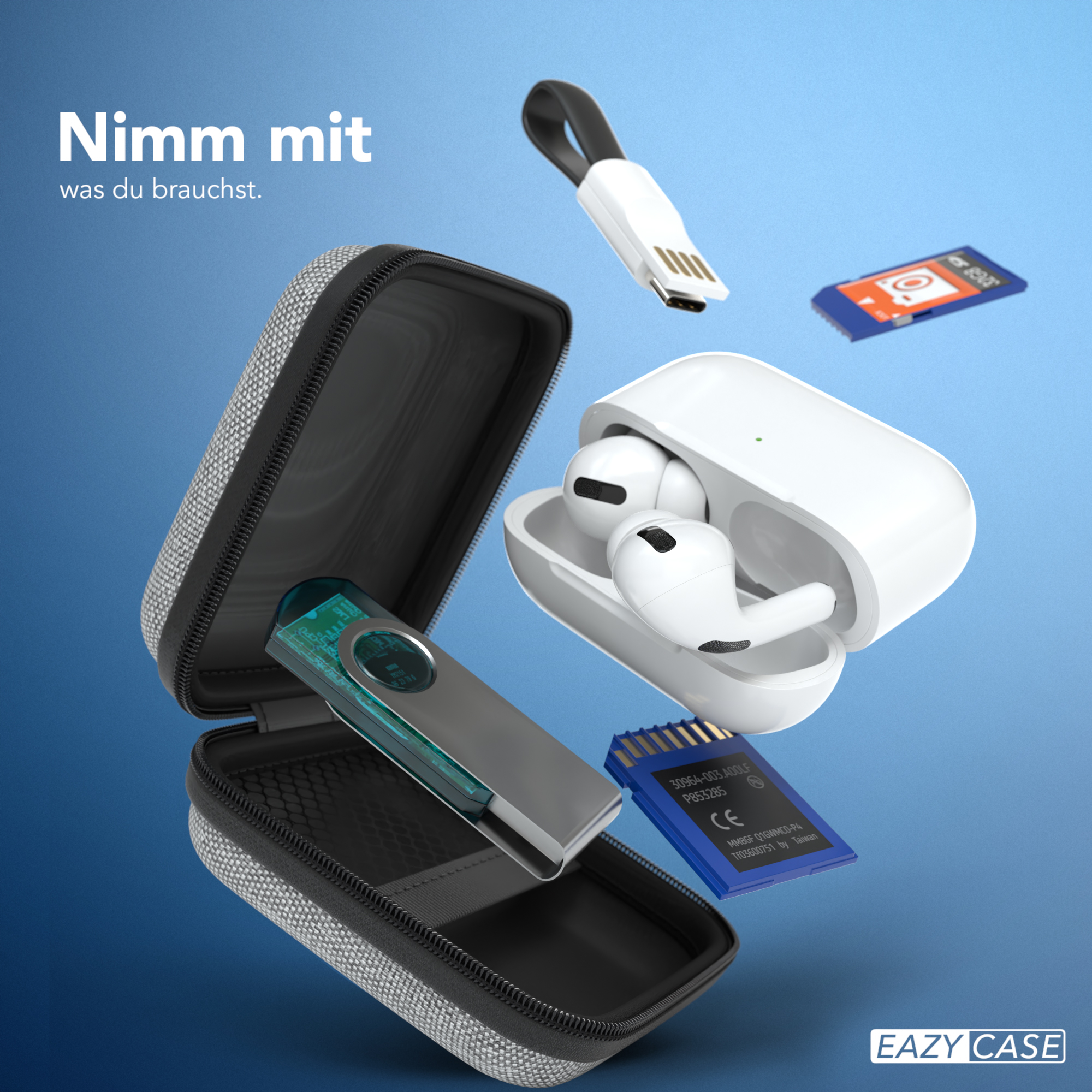 Eine Hülle mit Zubehör: USB-C-Kabel, Ohrhörer, SD-Karten und ein USB-Stick.