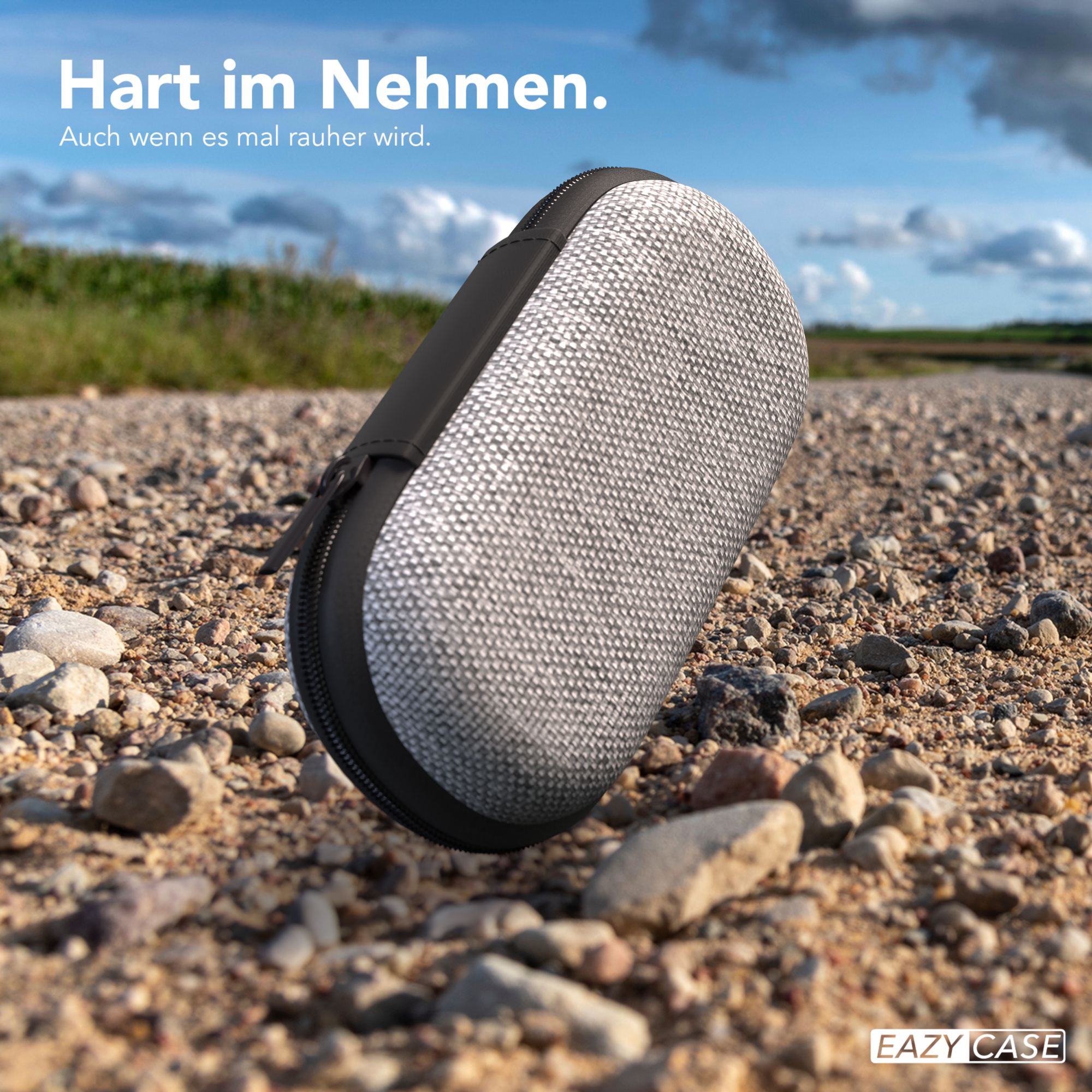 Nahaufnahme eines grauen Gehäuses auf einer Schotterstraße mit unscharfem Hintergrund von Bäumen.