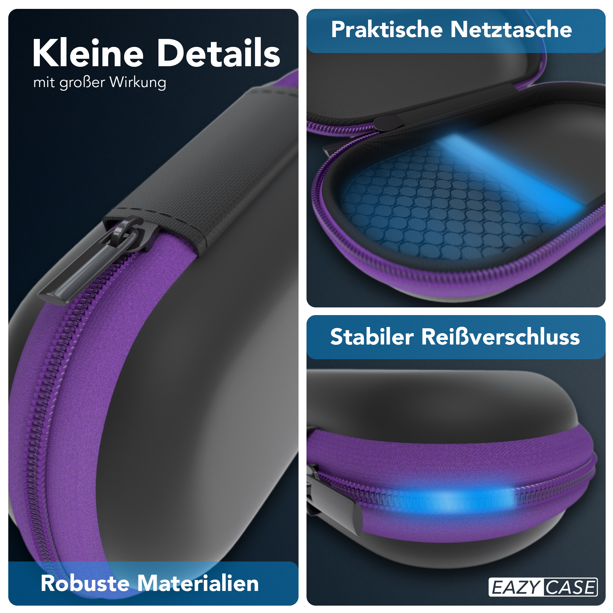 Schwarz-lila Hülle mit Reißverschluss. Text: 'EAZY CASE'. Details sichtbar.
