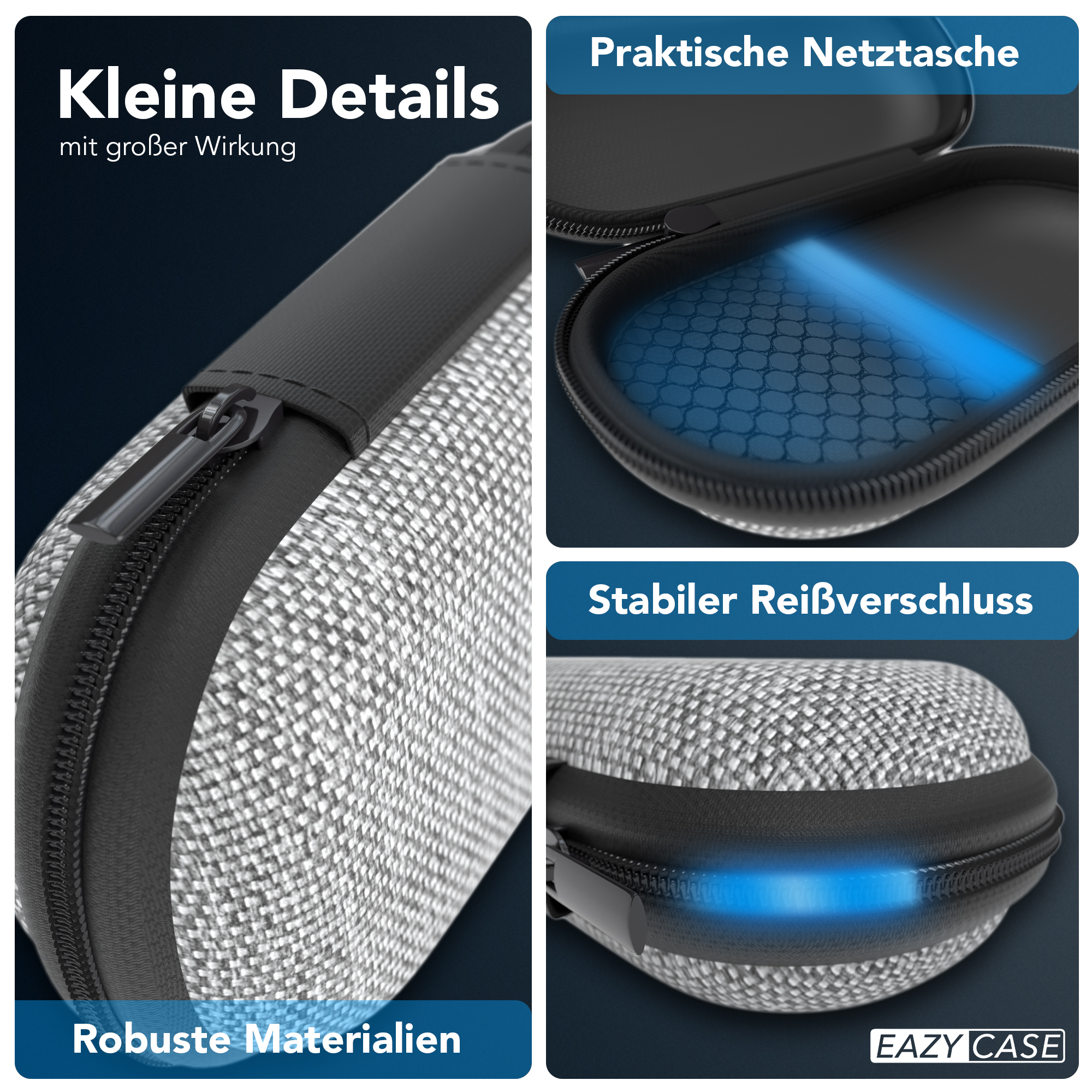 Nahaufnahmen eines grauen Gehäuses mit Reißverschluss und Text.