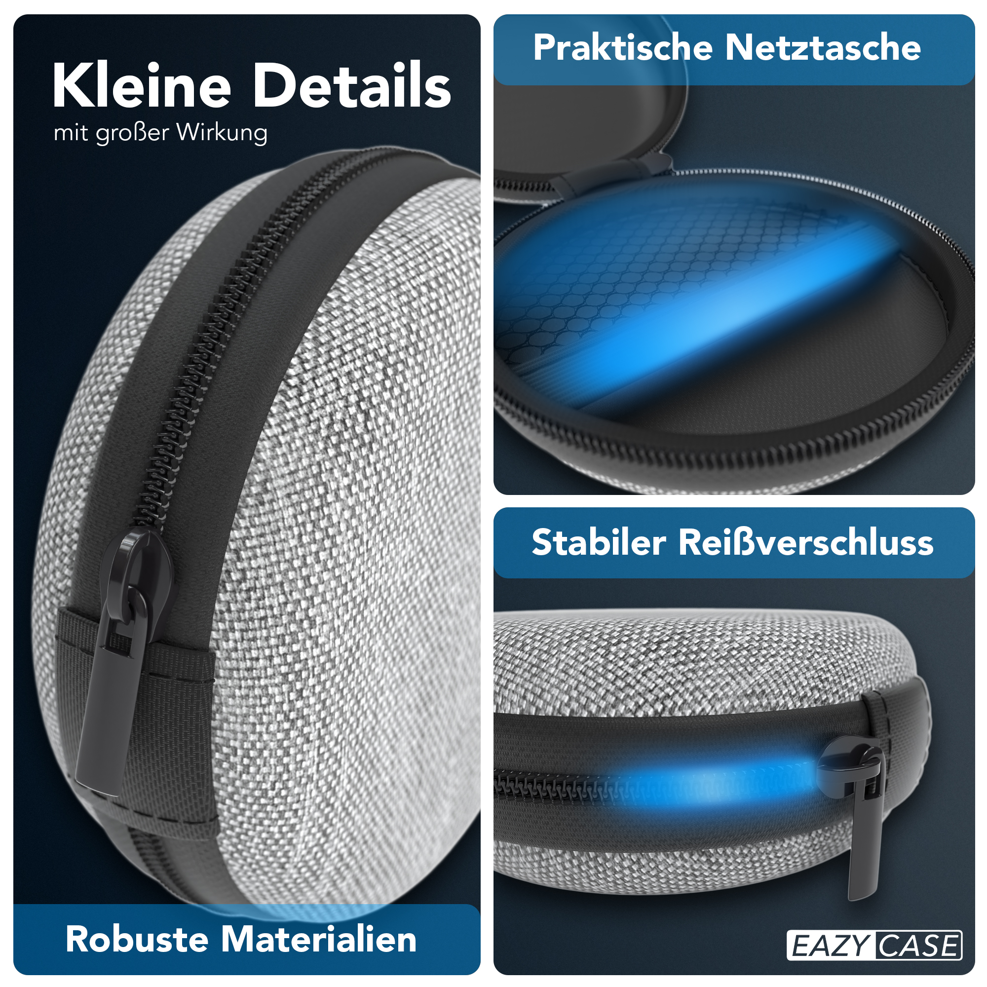 Graues Etui mit schwarzem Reißverschluss. Text lautet: Kleine Details. Kleine Details werden gezeigt.