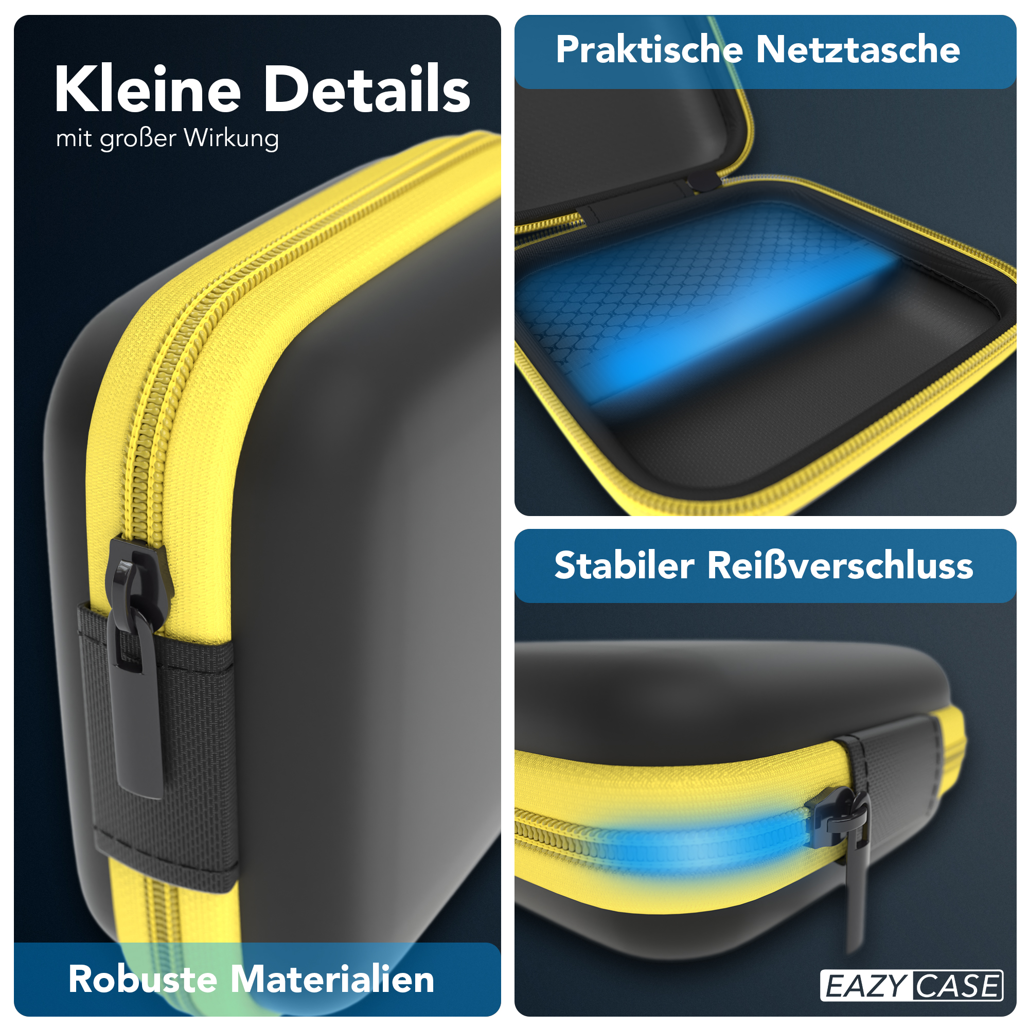 Schwarzes Etui mit gelbem Reißverschluss. Gezeigt werden kleine Details, einschließlich einer Netztasche.