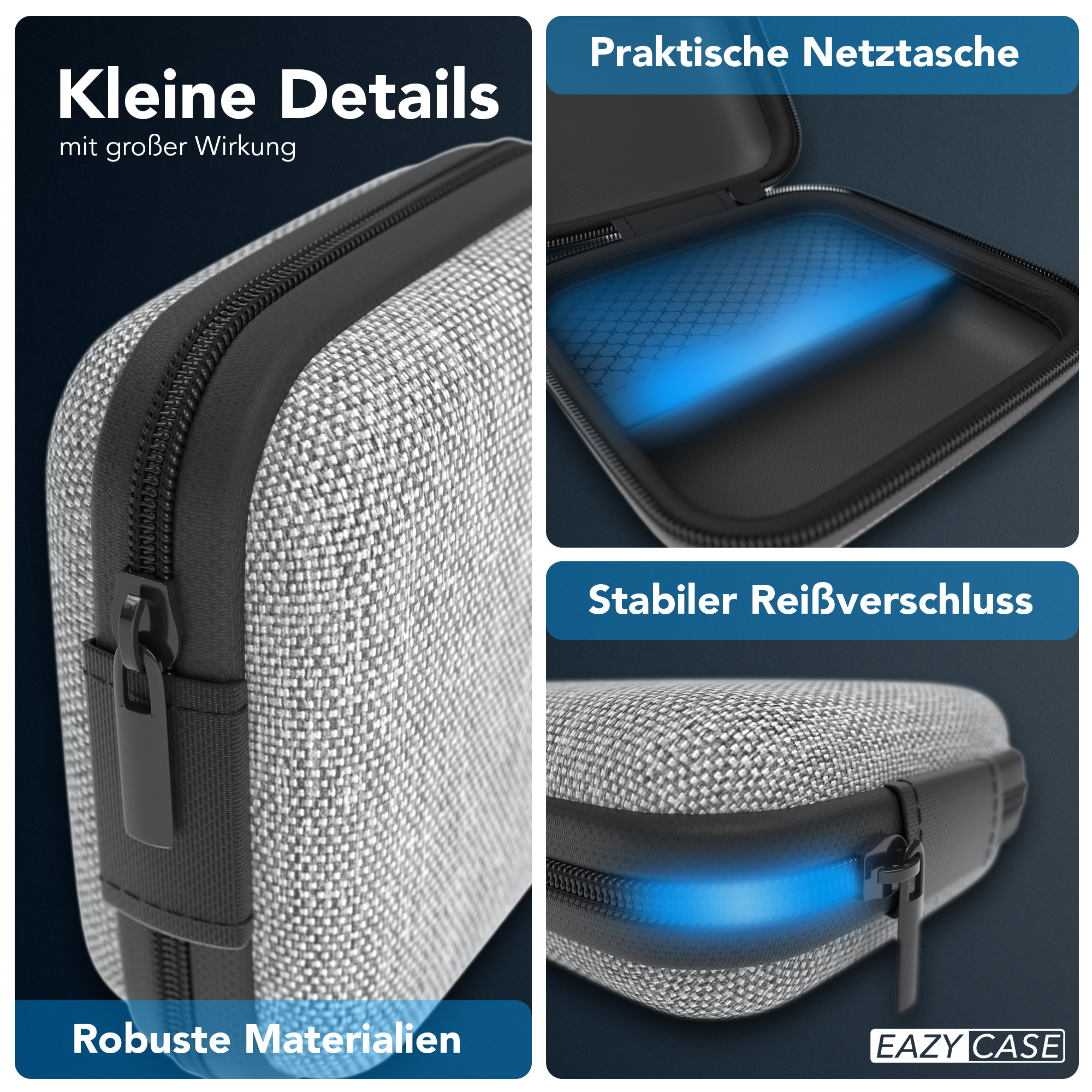 Ein graues Etui mit schwarzem Reißverschluss, das Details und die Worte 'EAZY CASE' zeigt.