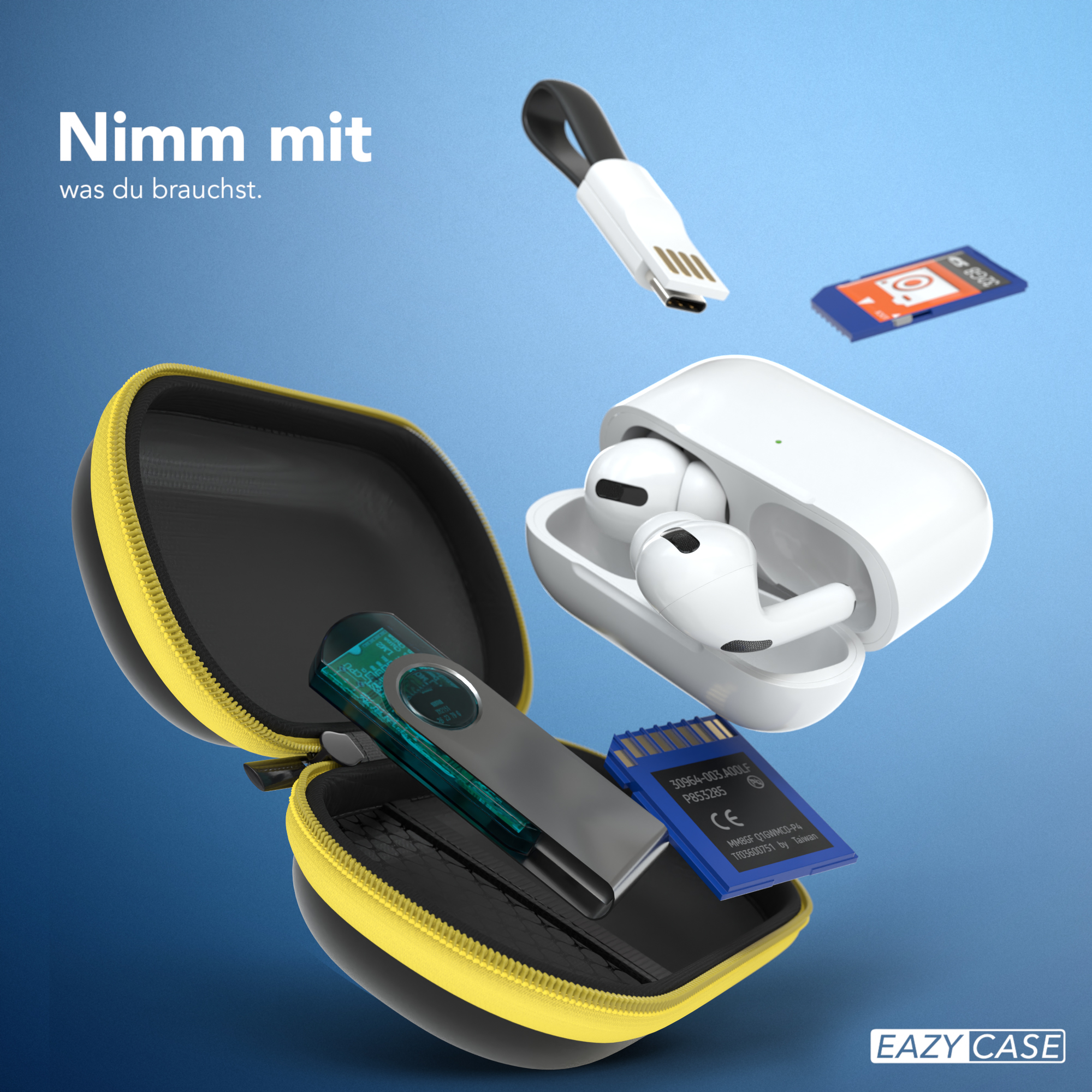 Eine schwarz-gelbe Tasche mit USB-Stick, SD-Karten und weißen Ohrhörern.