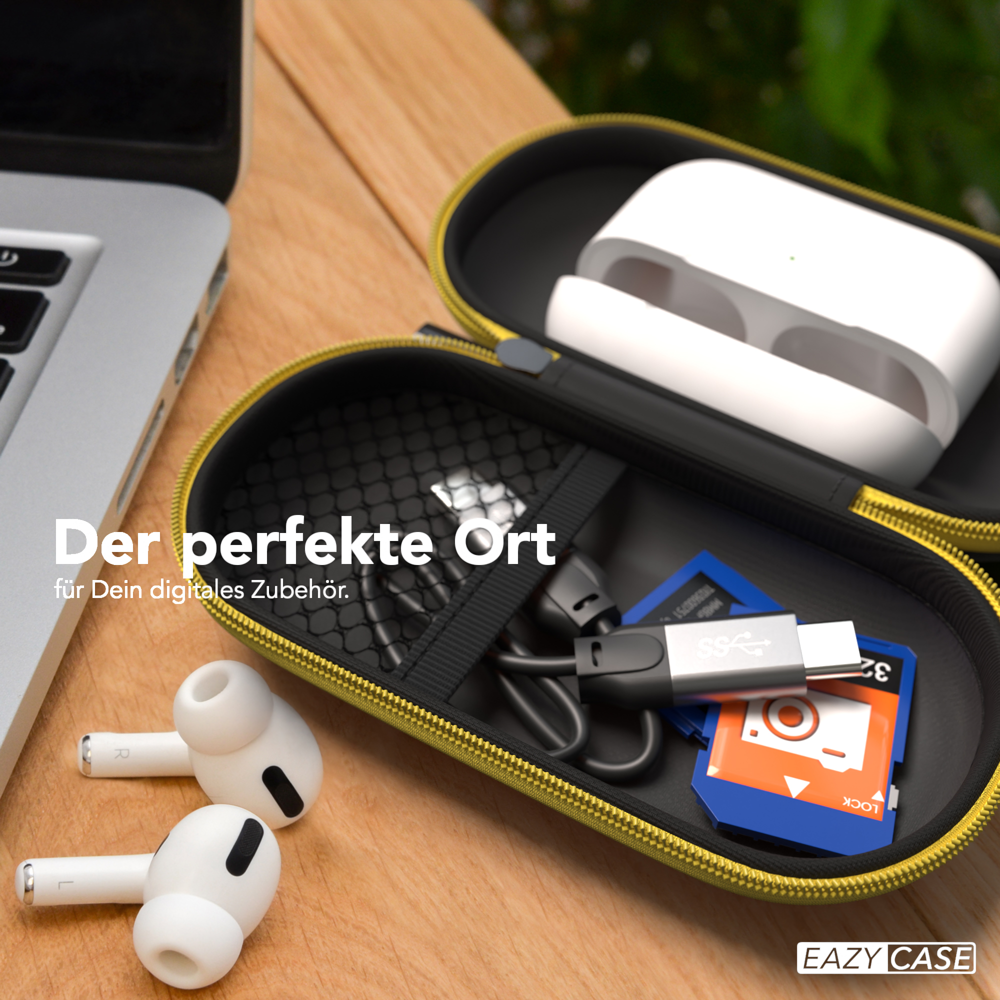Eine schwarz-gelbe Hülle mit weißen Ohrhörern, einem Ladekabel und einer SD-Karte.