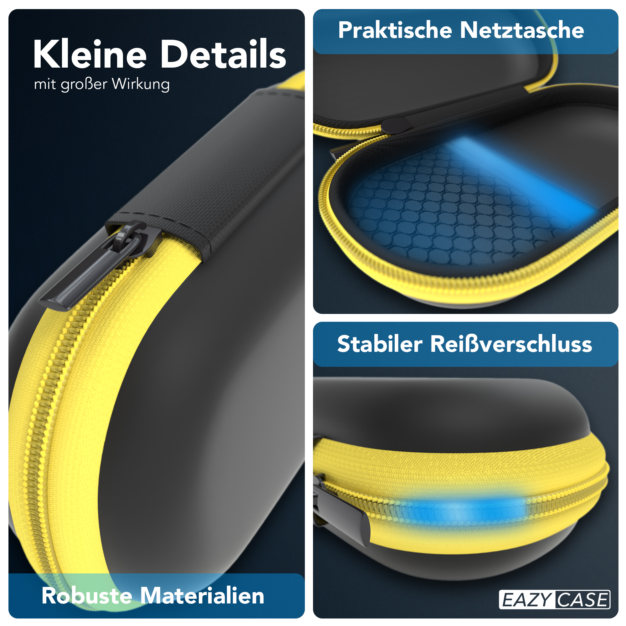 Nahaufnahme eines schwarz-gelben Koffers mit hervorgehobenem Text und Reißverschluss.